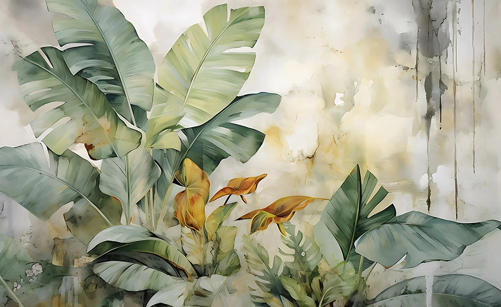 Fotótapéta beige és barna foltos háttérrel nagy banánlevél minta zöld és mustársárga színben 368x254 vlies