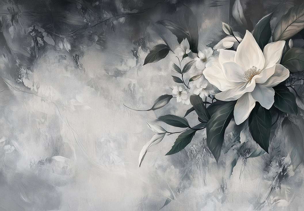 Fotótapéta beton hatású háttér oldalt nagy virág mintás szürke árnyalatban 368x254 vlies