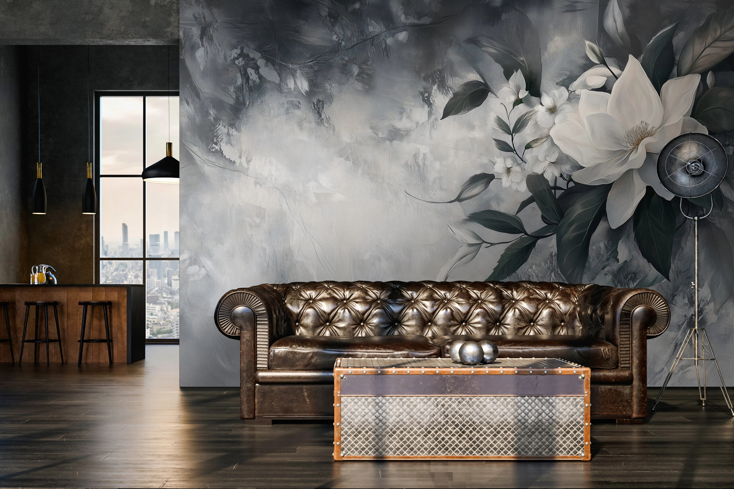 Beton hatású háttér oldalt nagy virág mintás fotótapéta szürke árnyalatban 368x254 vlies