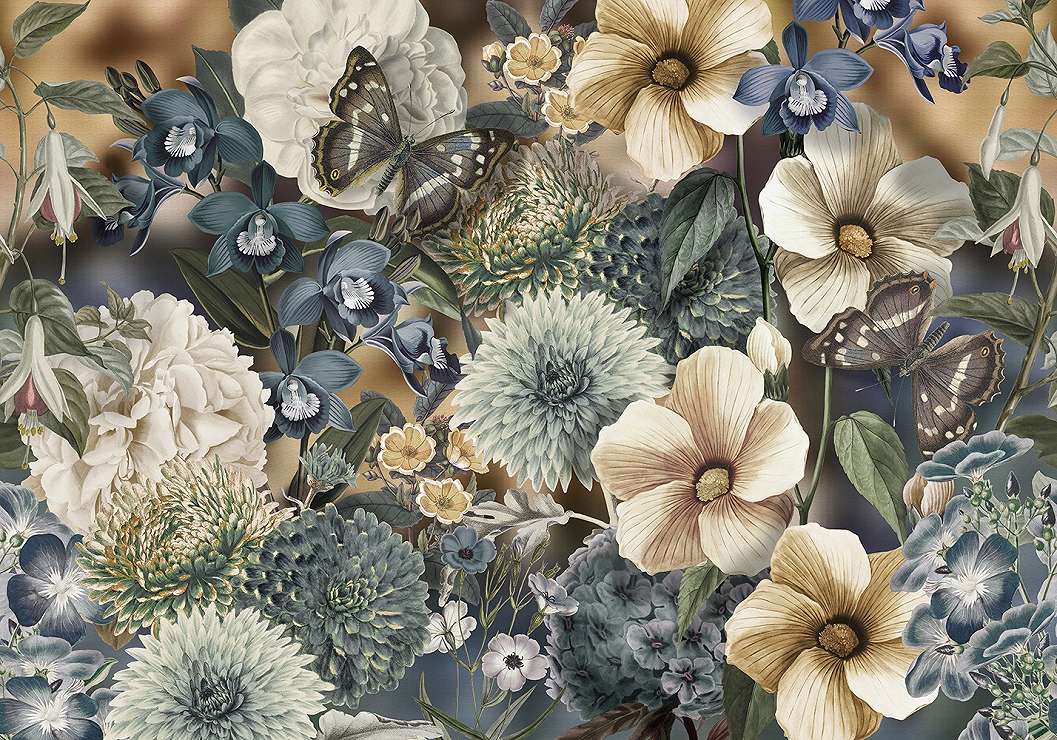 Fotótapéta bézs és kék színű virágokkal pillangókkal