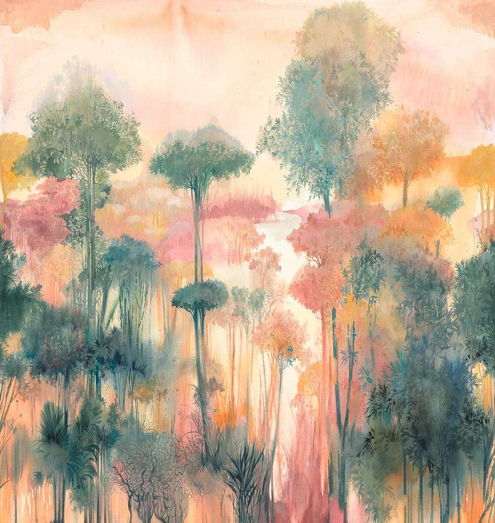 Fotótapéta erdei akvarell tájképes mintával rózsaszín színekkel mosható vinyl