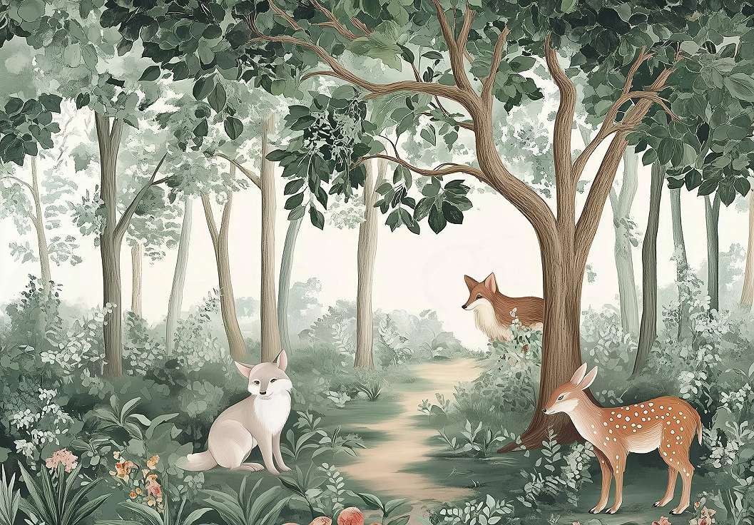 Fotótapéta erdő rókával és őzzel mintával pasztel színekben 368x254 vlies