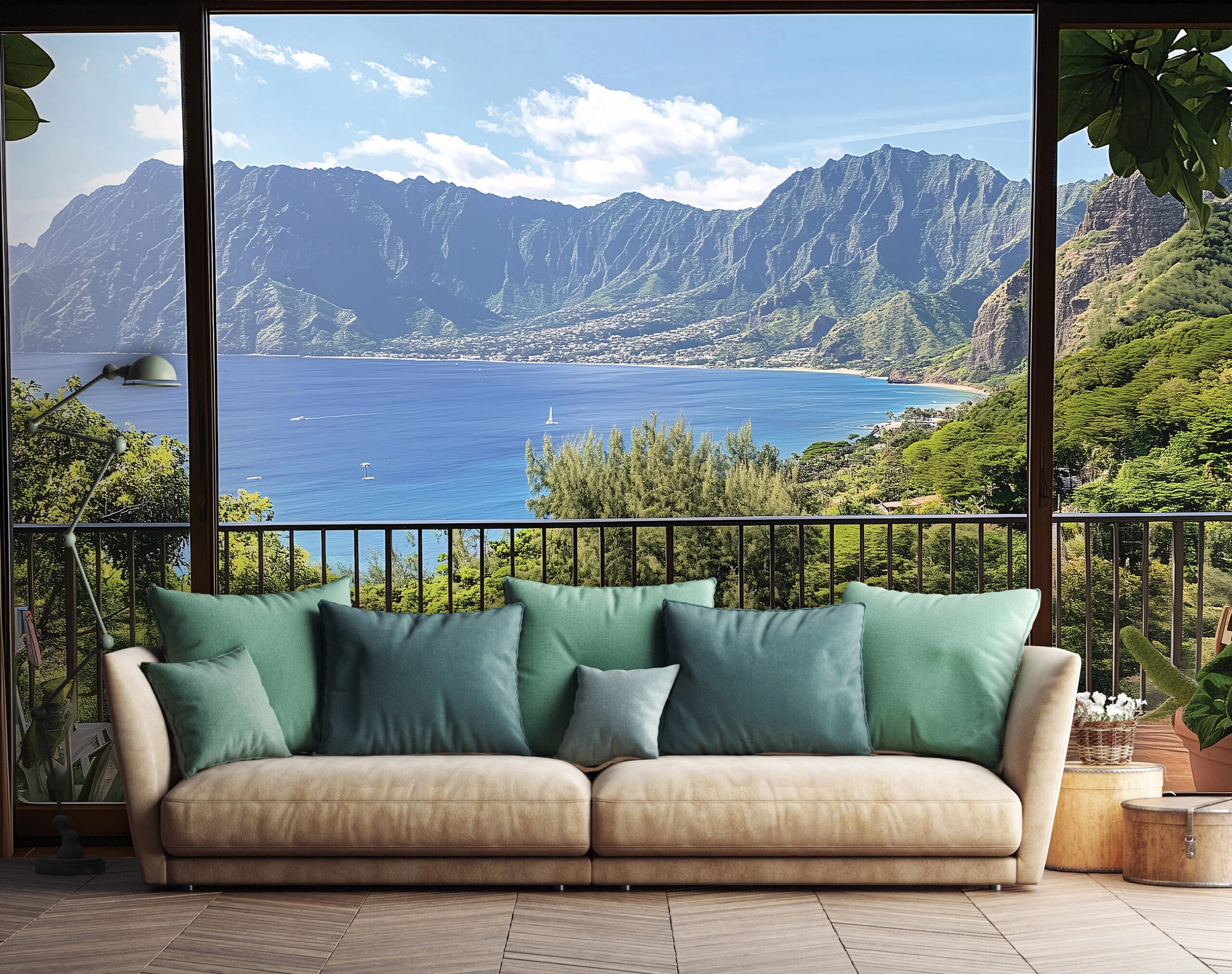 Fotótapéta erkély kilátás hegyekkel körül ölelt öbölre mintával 368x254 vlies