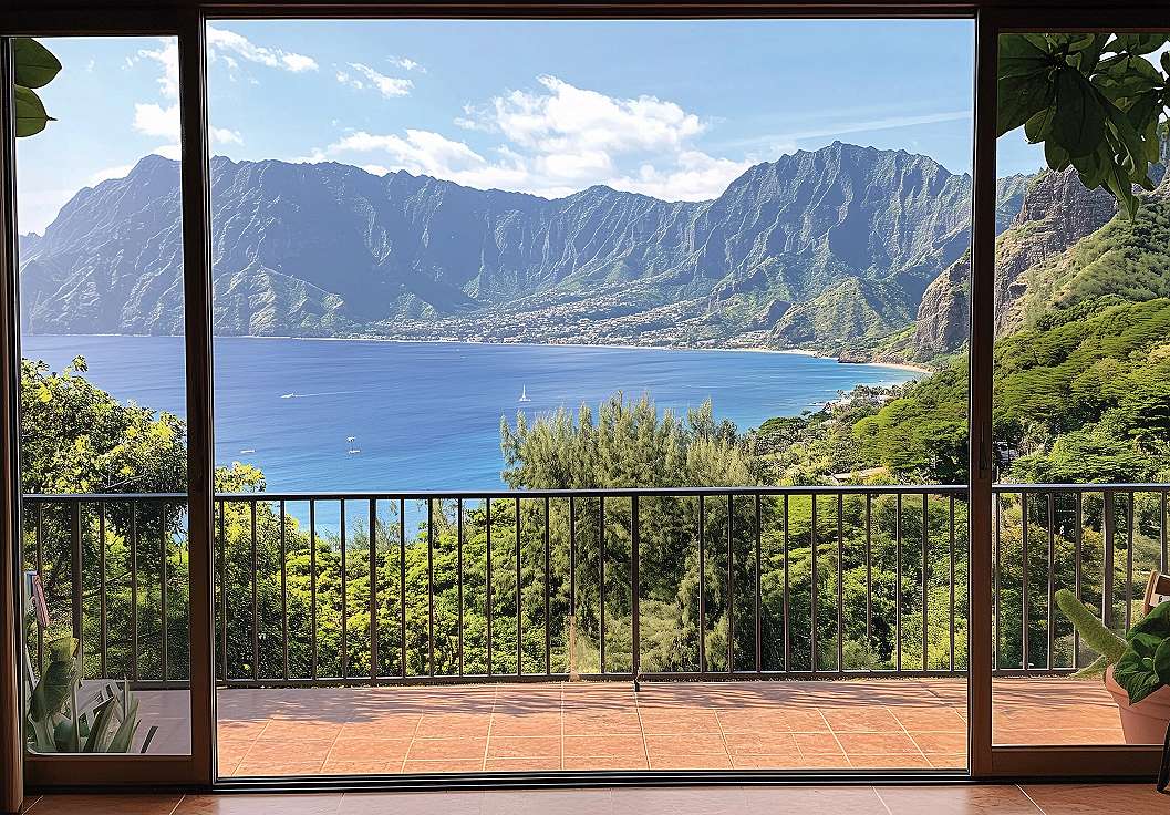Fotótapéta erkély kilátás hegyekkel körül ölelt öbölre mintával 368x254 vlies