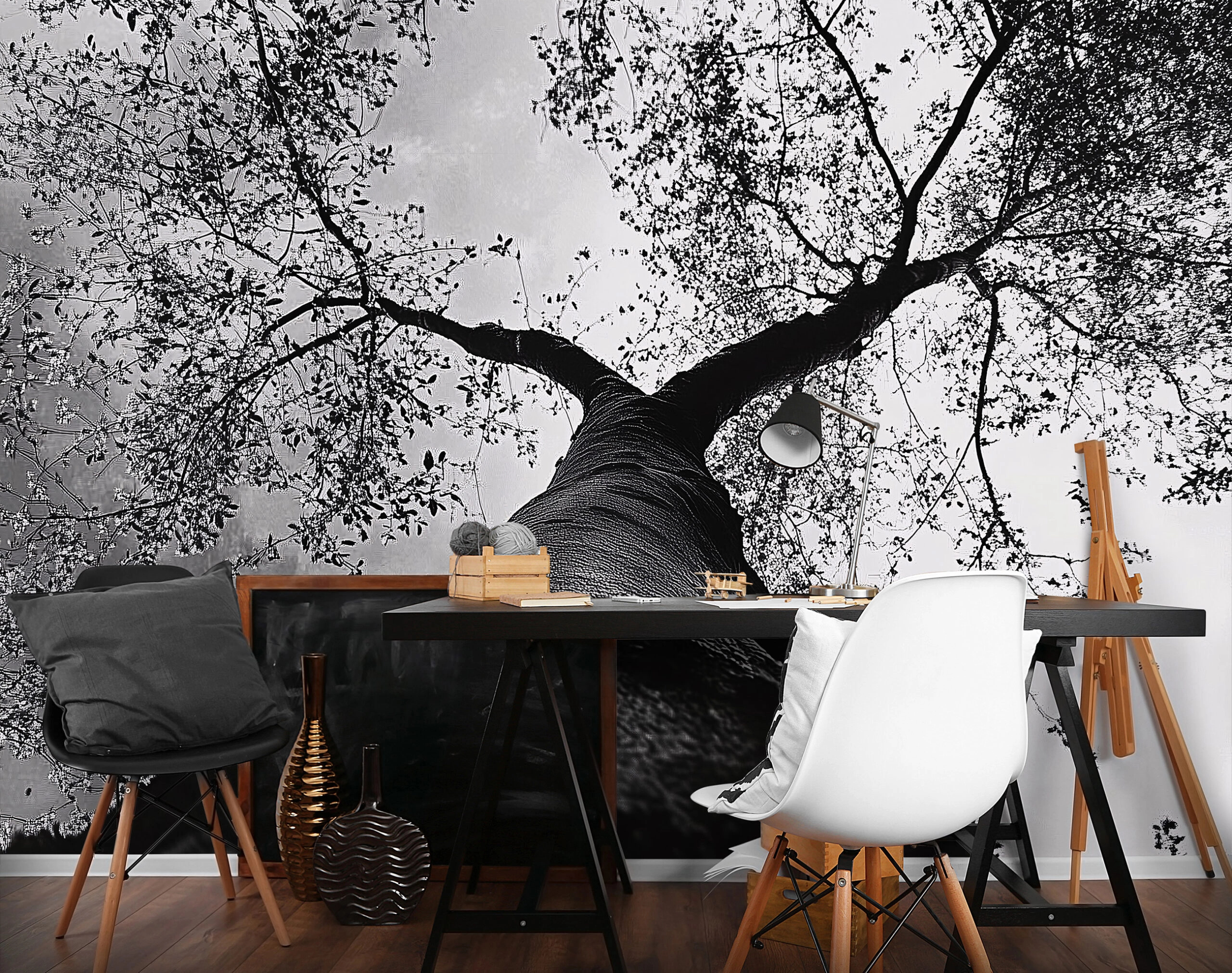 Fotótapéta fa lombkoronája alulnézetből mintával fekete fehér színben 368x254 vlies