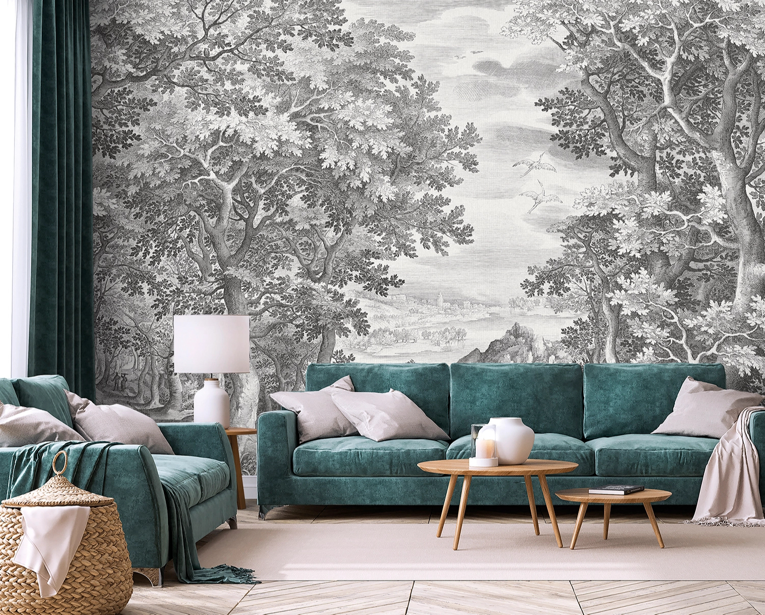 Fotótapéta fametszet hatású erdei tájkép mintával