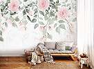 Fotótapéta fehér alapon rózsaszín rózsákkal és fentről lefelé elhalványuló levelekkel 368x254 vlies