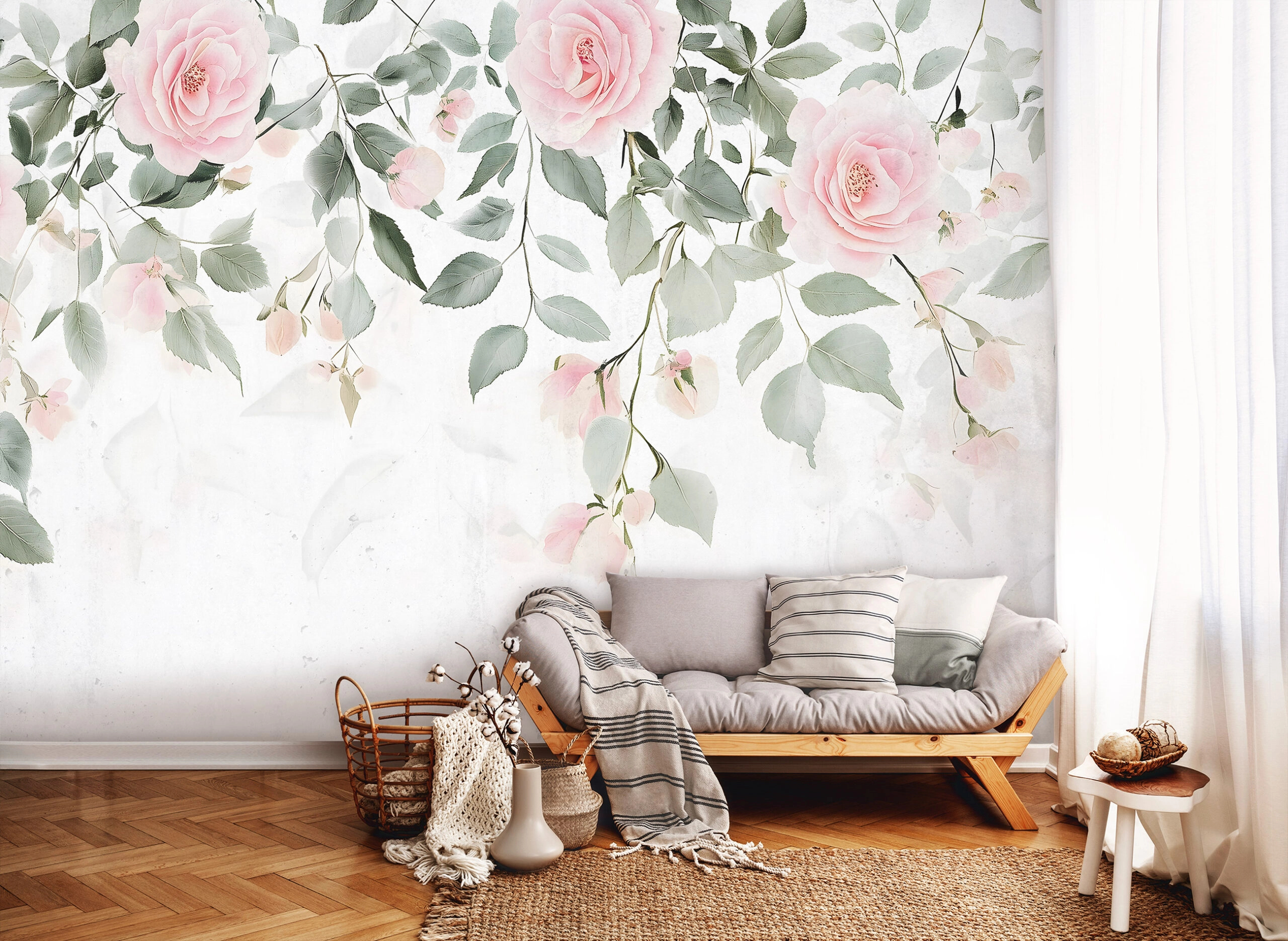 Fotótapéta fehér alapon rózsaszín rózsákkal és fentről lefelé elhalványuló levelekkel 368x254 vlies