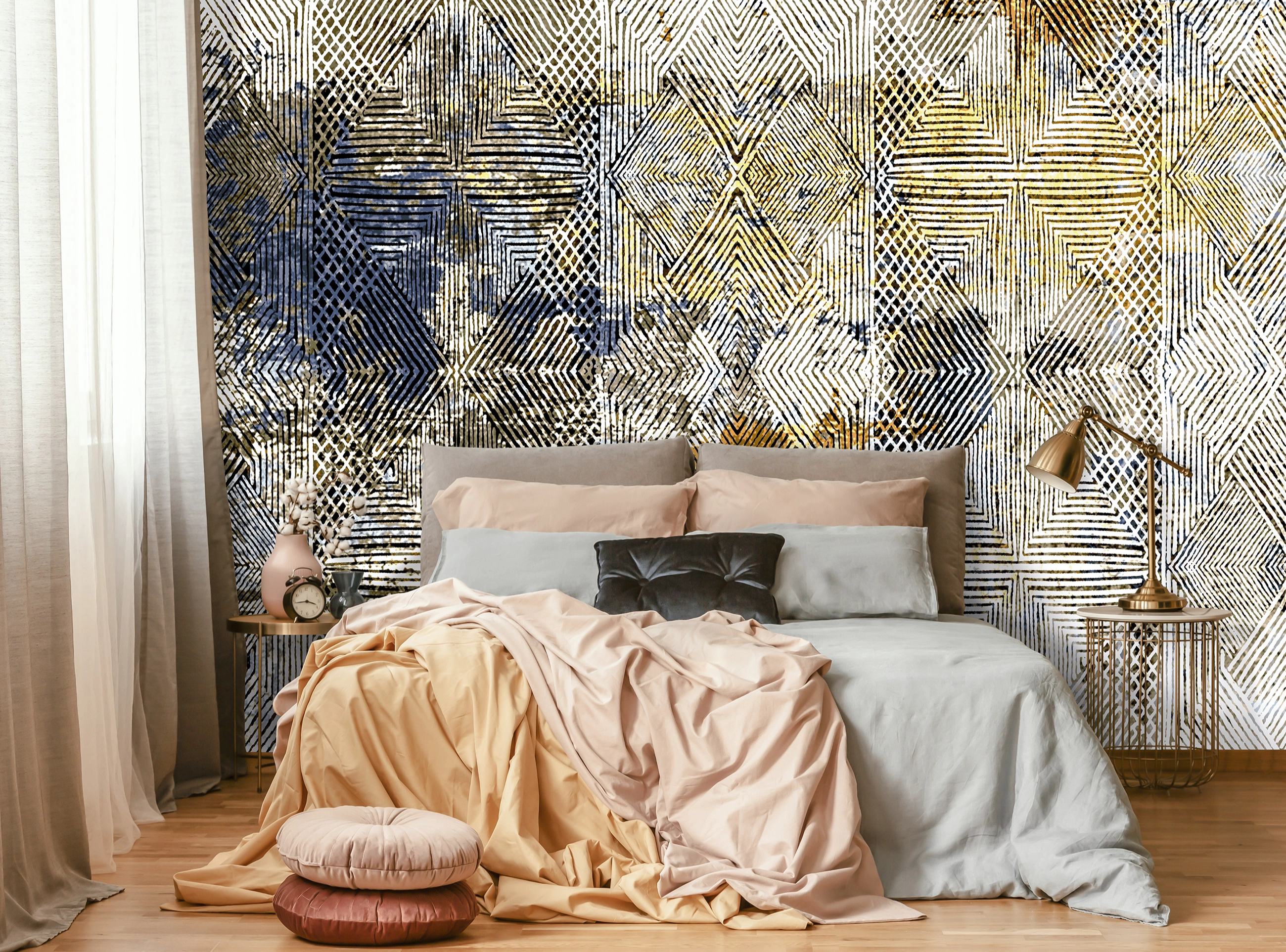 Fotótapéta fehér, kék, arany és fekete színes geometriai mintával 368x254 vlies