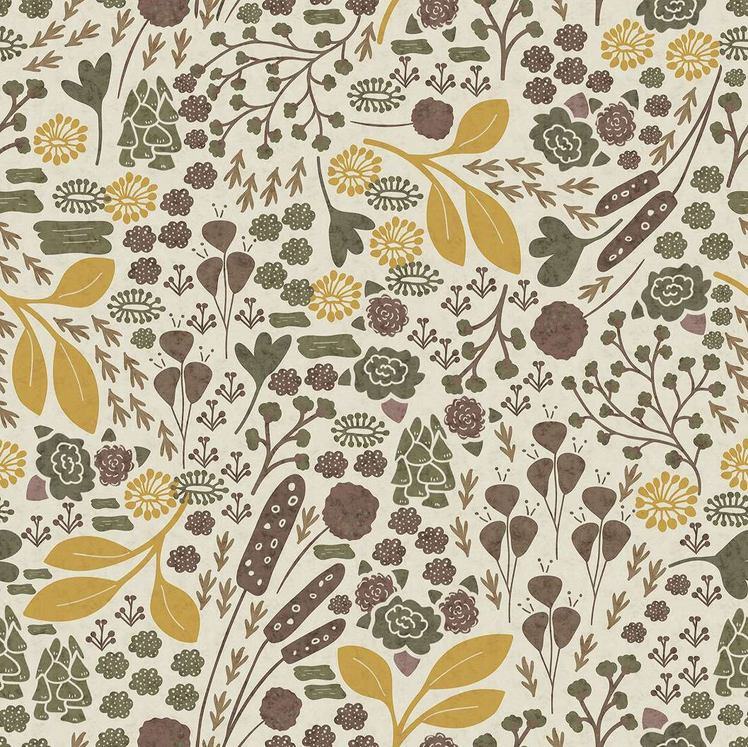 Fotótapéta fehér színű háttér barna és sárga színű virágok, levél minta