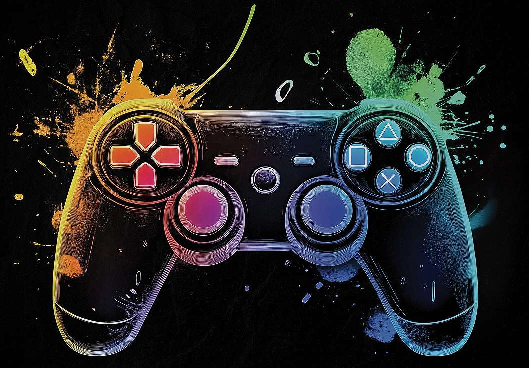 Fotótapéta fekete alapon színes Play Station joystick festék foltokkal. 368x254 vlies