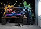 Fotótapéta fekete alapon színes Play Station joystick festék foltokkal. 368x254 vlies