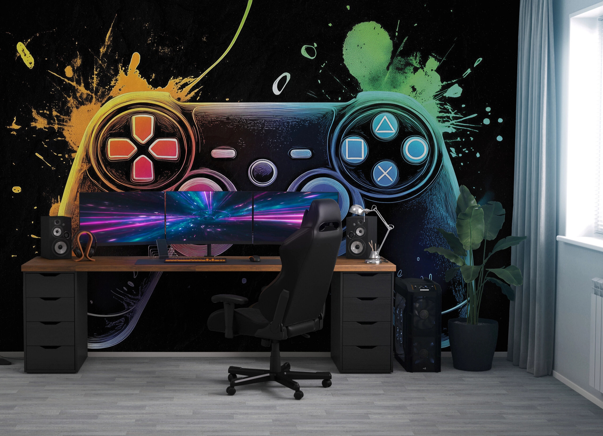 Fotótapéta fekete alapon színes Play Station joystick festék foltokkal. 368x254 vlies