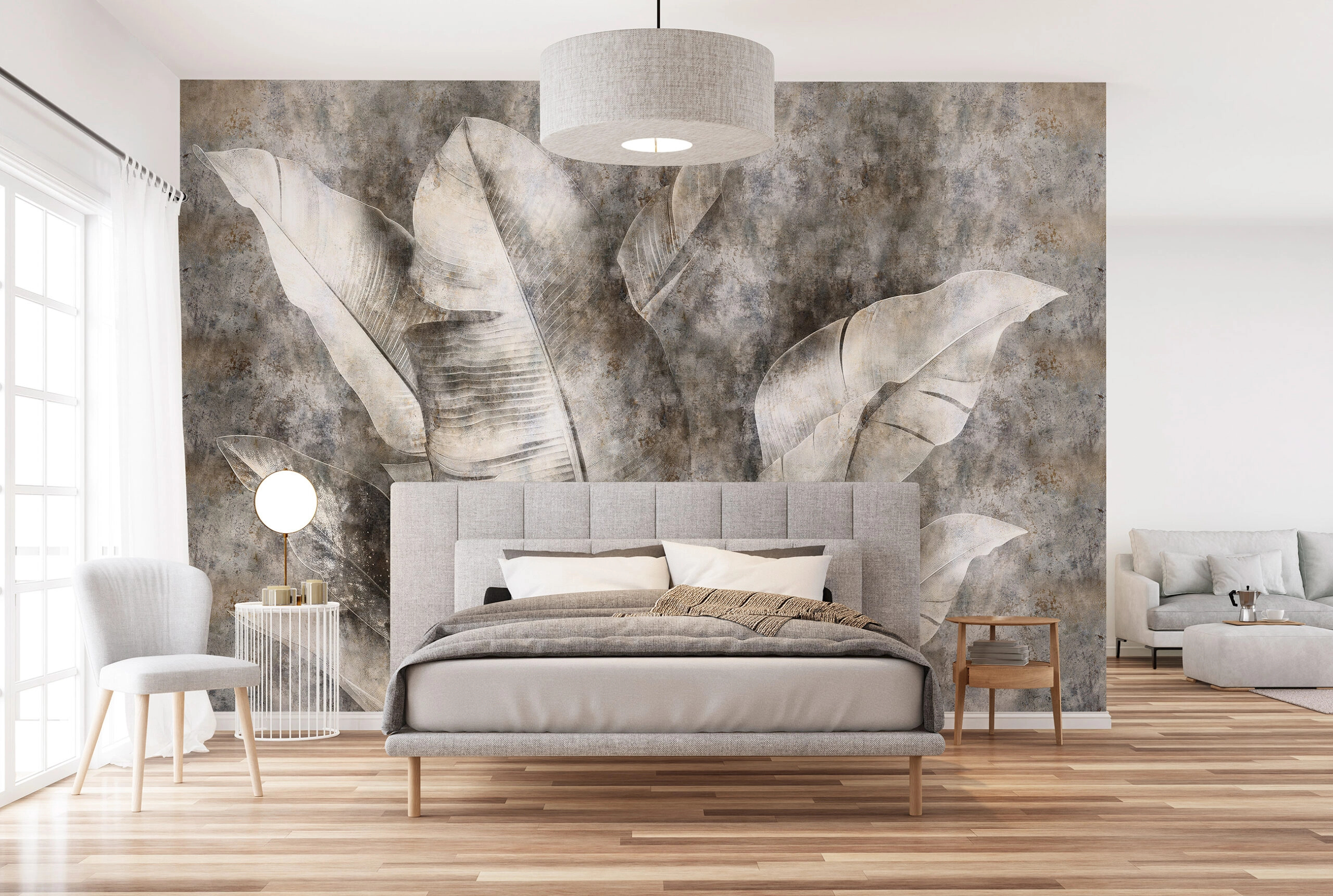 Fotótapéta fekete-fehér nagy banánleveles mintával 368x254 vlies