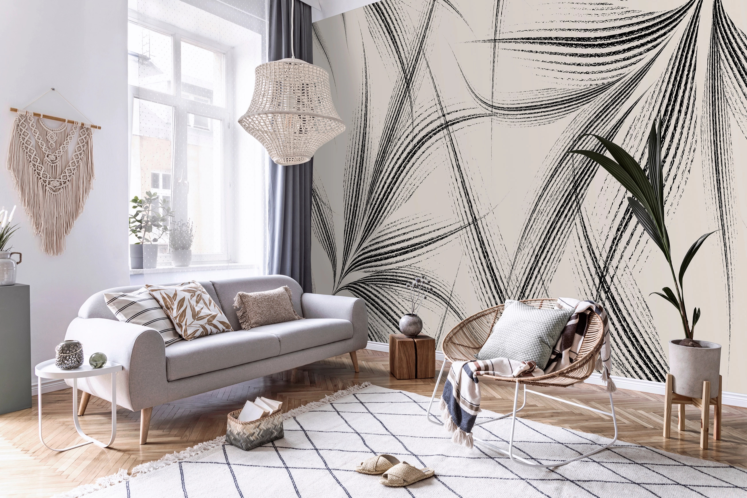 Fotótapéta fekete fehér színben óriás stilizált pálma leveles mintával 368x254 vlies