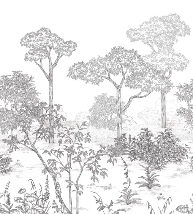 Fotótapéta fekete fehér színű fametszet hatású erdős liget mintával