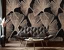 Fotótapéta fekete háttéren világos barna színű óriás ginkó falevél mintával 368x254 vlies