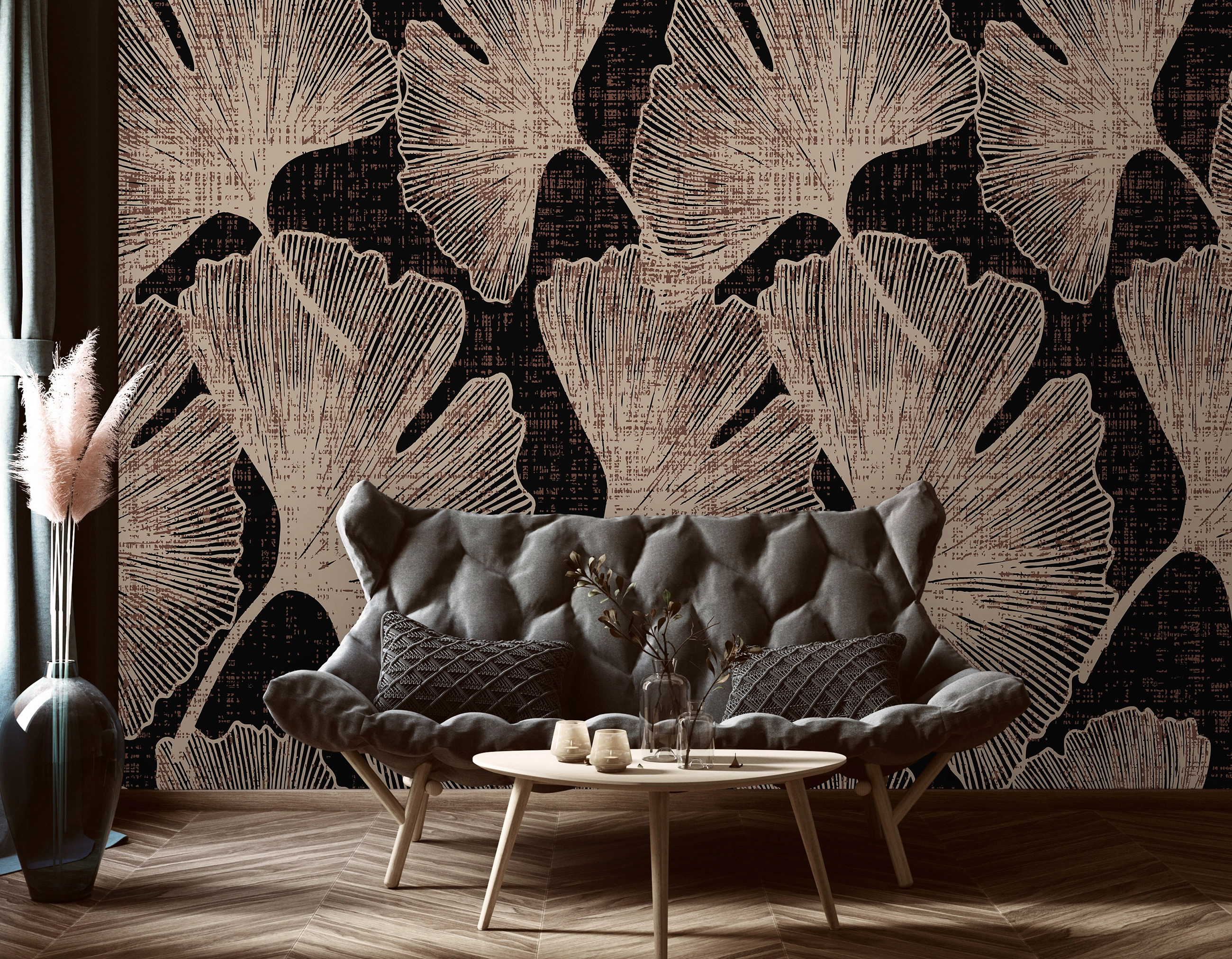 Fotótapéta fekete háttéren világos barna színű óriás ginkó falevél mintával 368x254 vlies