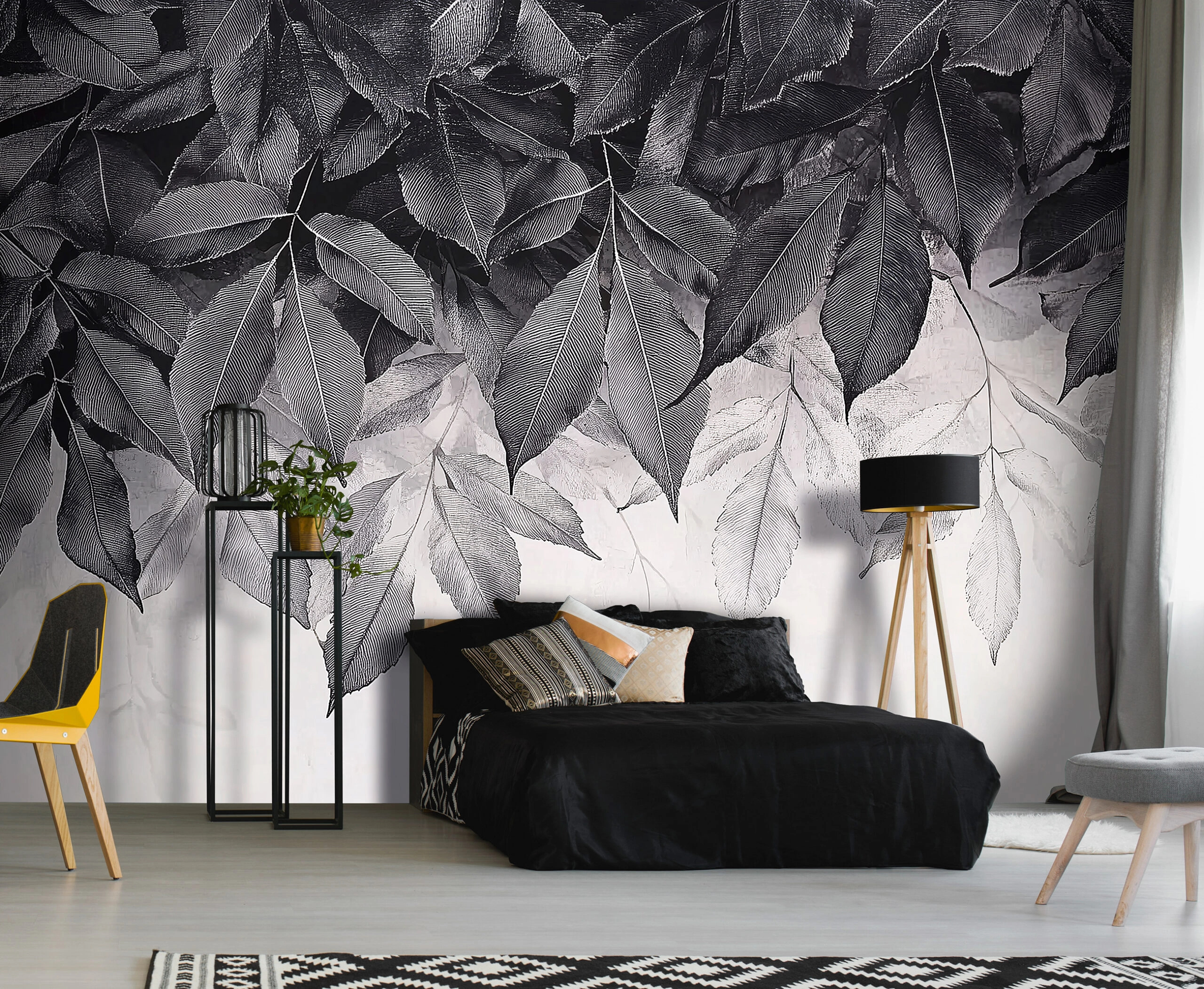 Fotótapéta feketefehér függő falevél mintával 368x254 vlies