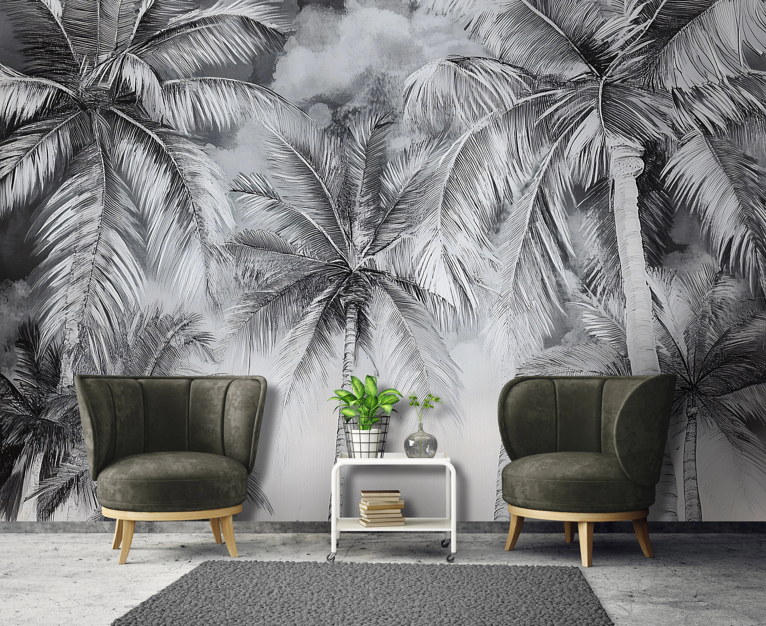 Fotótapéta feketefehér trópusi pála mintás 368x254 vlies