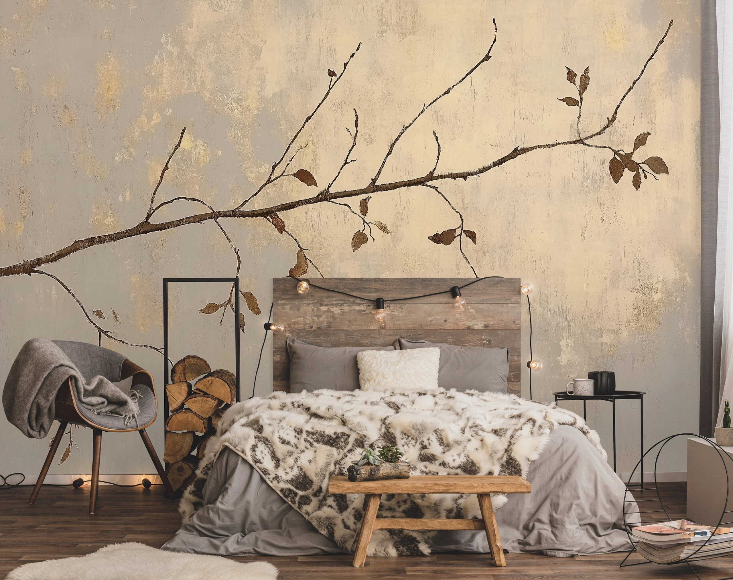 Fotótapéta festett faág mintával szürke és beige színben 368x254 vlies