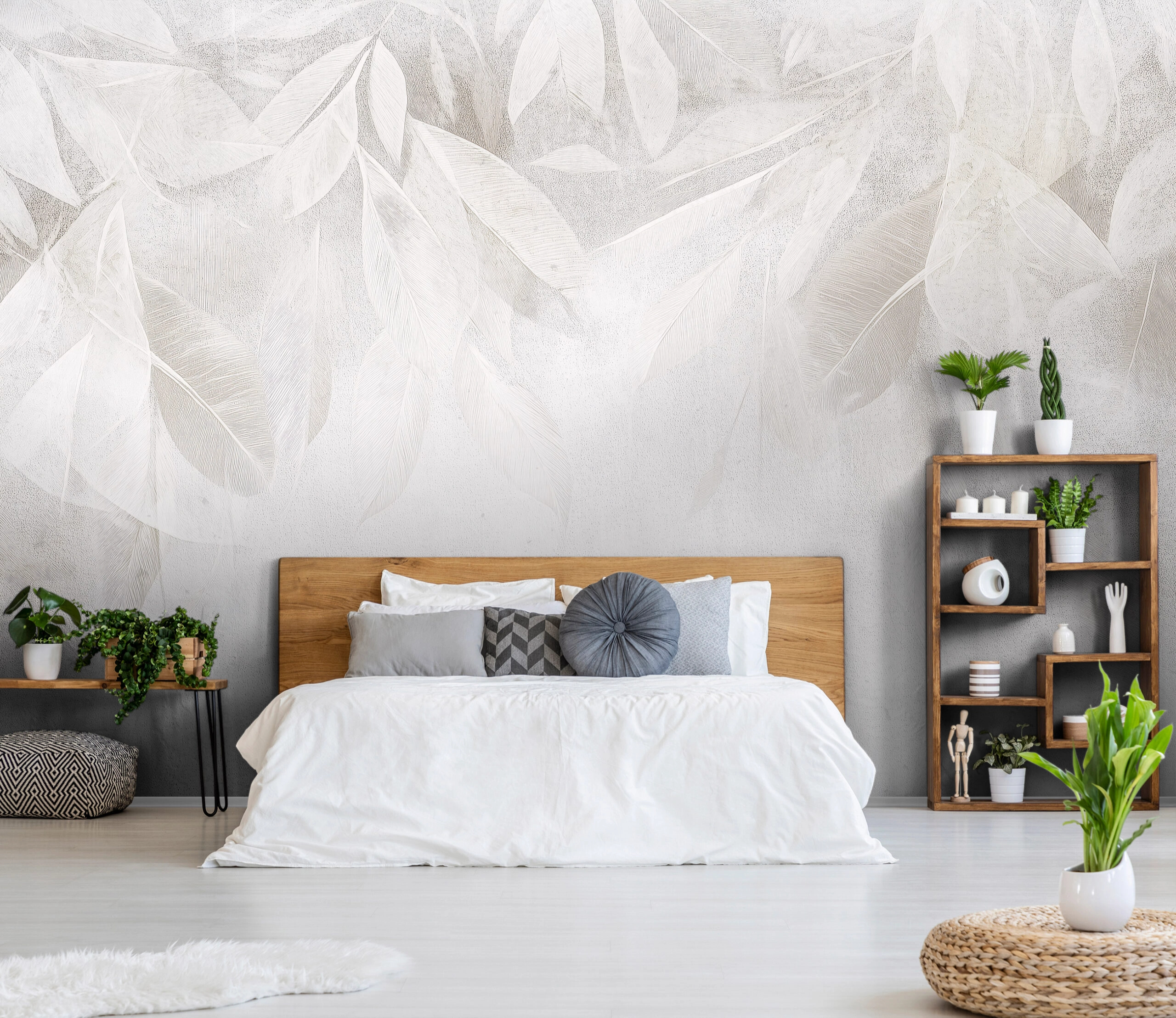 Fotótapéta halvány sejtelmes fentről lelógó levél minta törtfehér színben 368x254 vlies