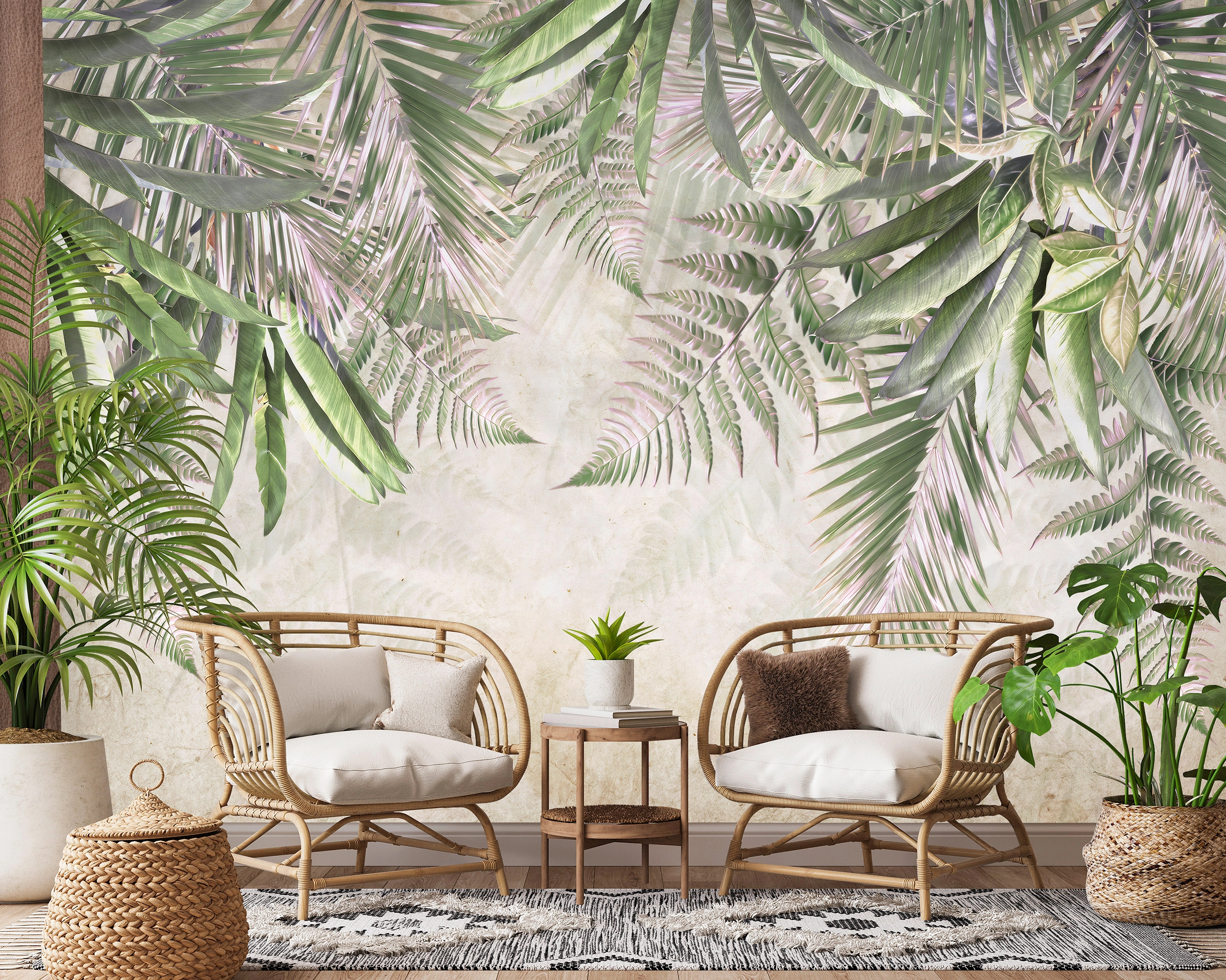 Fotótapéta homokbarna és zöld színű lelógó páfrány leveles mintával 368x254 vlies