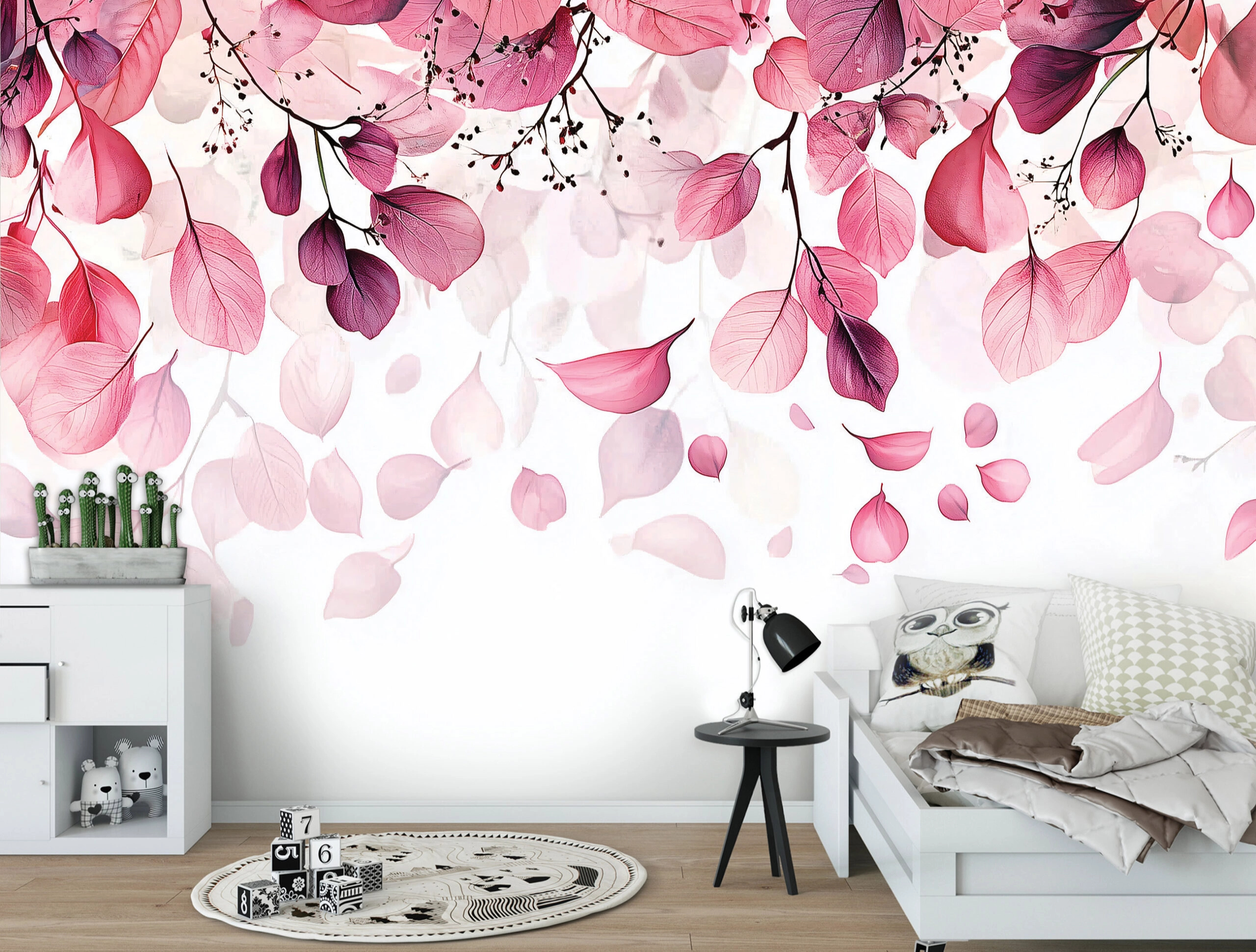 Fotótapéta hulló rózsaszín falevelekkel fehér színű háttérrel 368x254 vlies