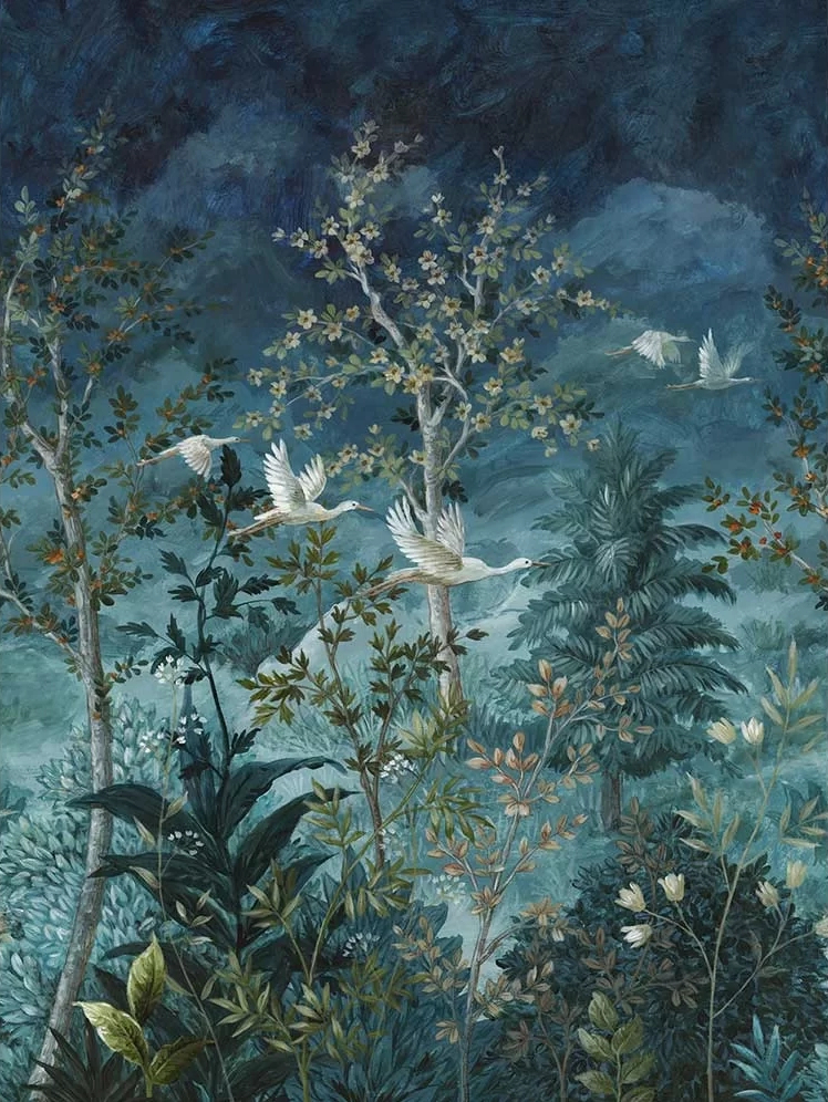 Fotótapéta kék festői tájkép és madár mintával