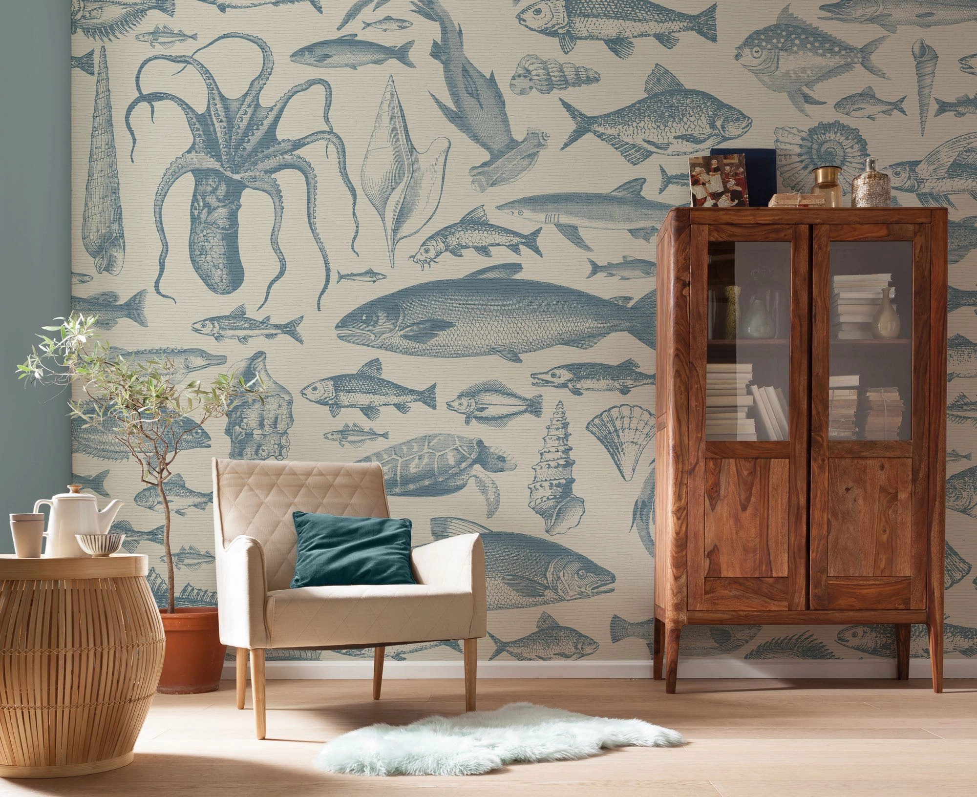 Fotótapéta kék tengeri élővilág halak polip kagyló mintával