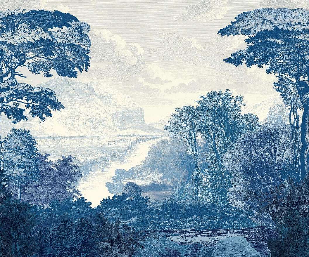 Fotótapéta keleti stílust idéző erdei mintával kék színben