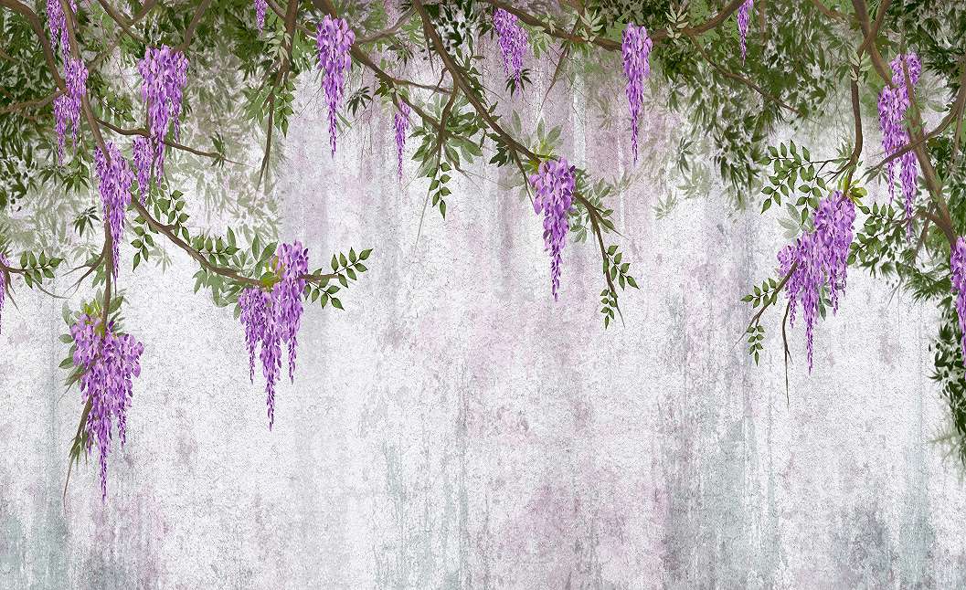 Fotótapéta kő hatású szürke foltos fal lelógó lila akácvirágokkal 368x254 vlies