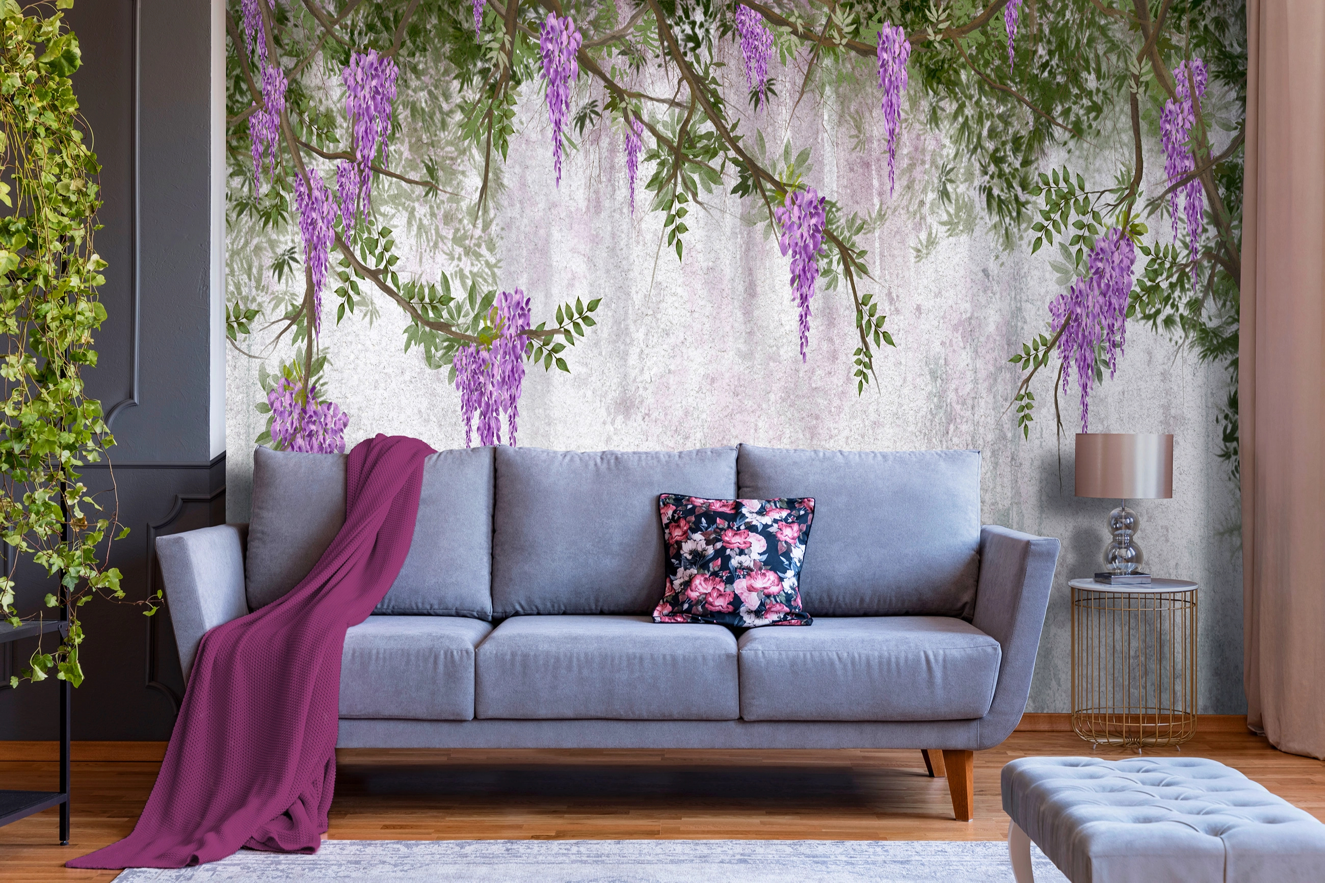 Fotótapéta kő hatású szürke foltos fal lelógó lila akácvirágokkal 368x254 vlies