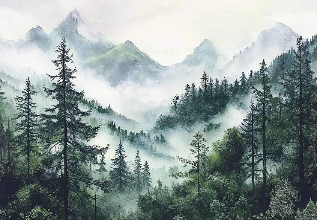 Fotótapéta ködbe burkolózó hegyek és fenyőerdő 368x254 vlies