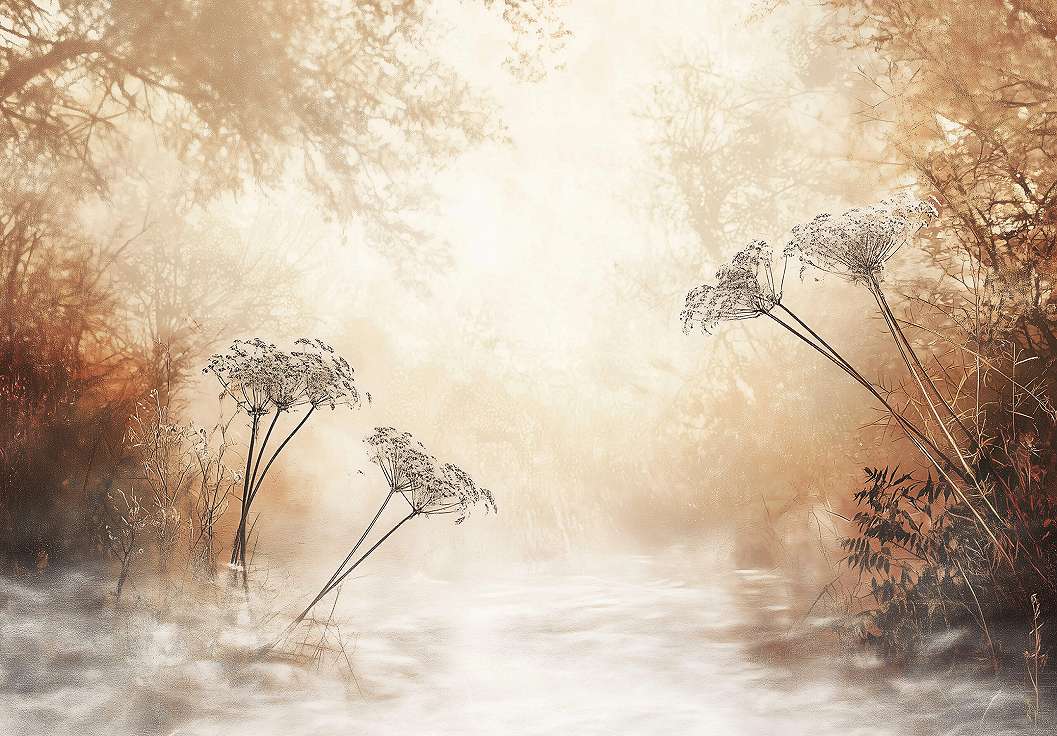 Fotótapéta ködös erdei tisztás mintával barna színekben 368x254 vlies