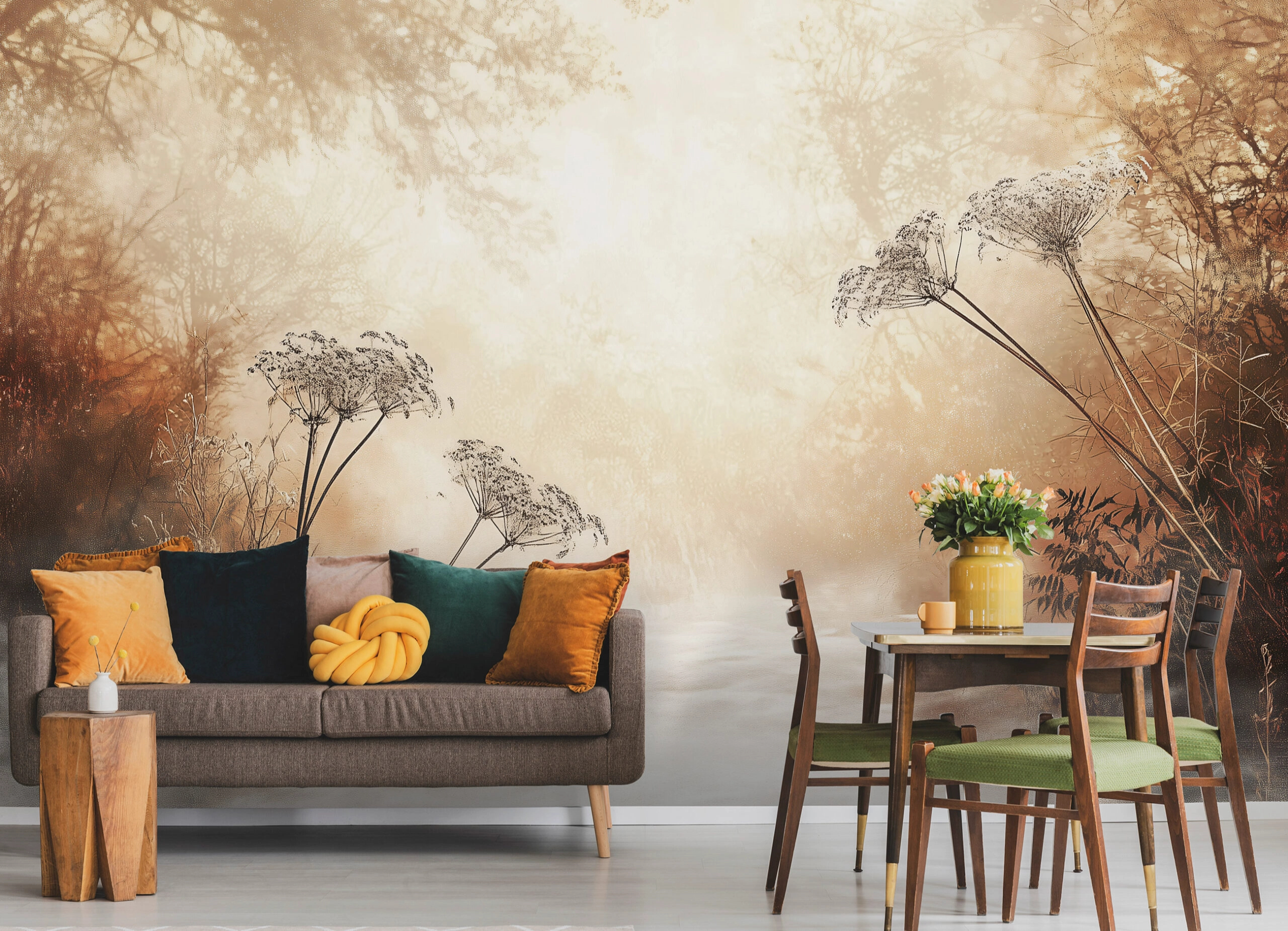 Fotótapéta ködös erdei tisztás mintával barna színekben 368x254 vlies