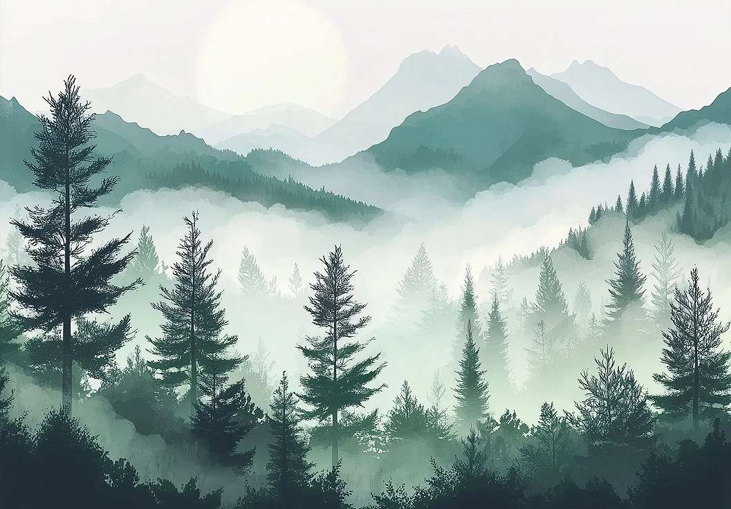 Fotótapéta ködös hegy fákkal mintával 368x254 vlies