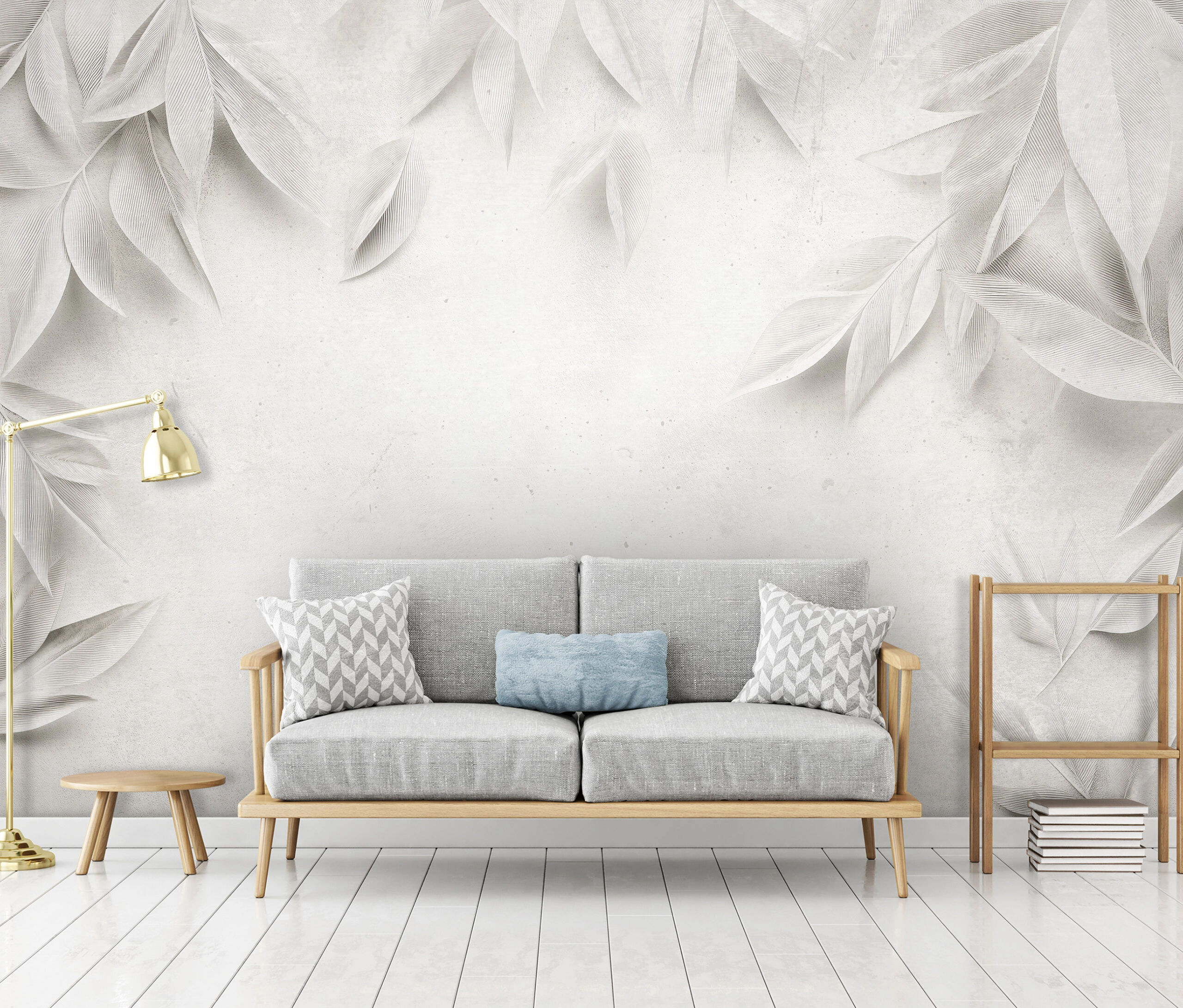 Krém színű fametszet hatású levél mintás fotótapéta 368x254 vlies