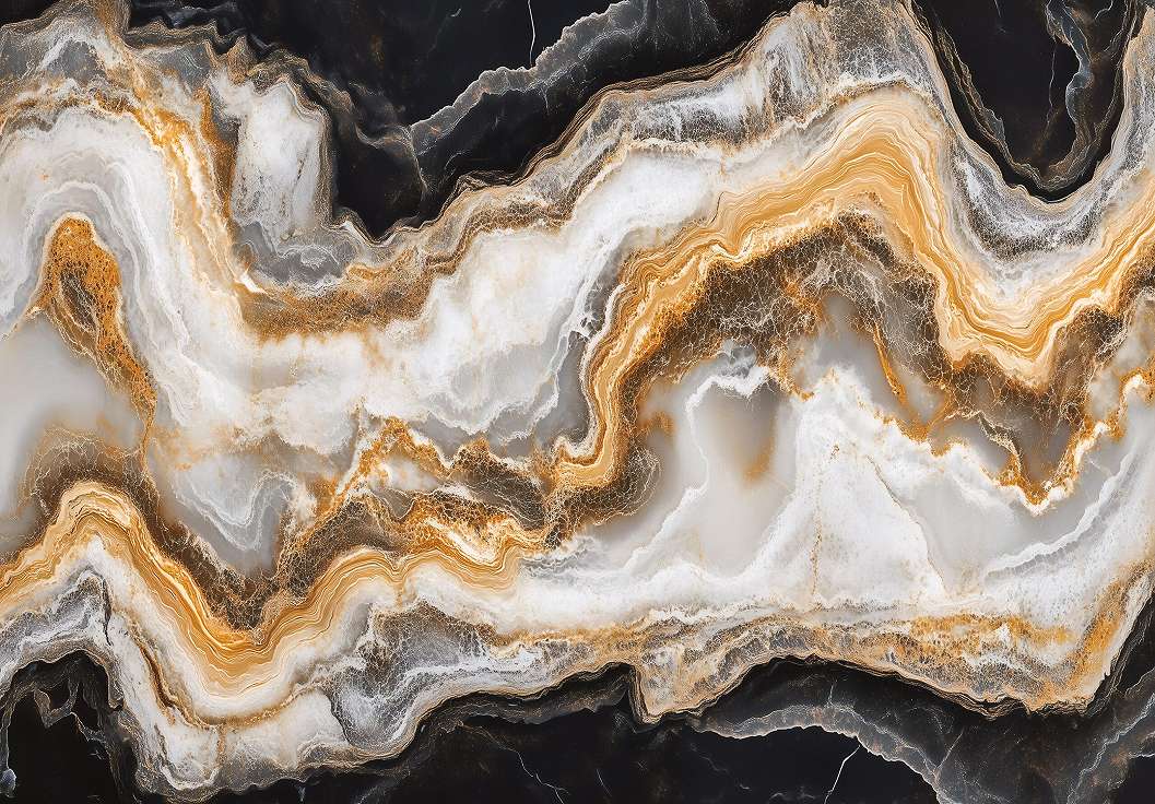 Fotótapéta loft stílusú márványkő mintás aranysárga, fehér, homokbarna és fekete színekkel 368x254 vlies