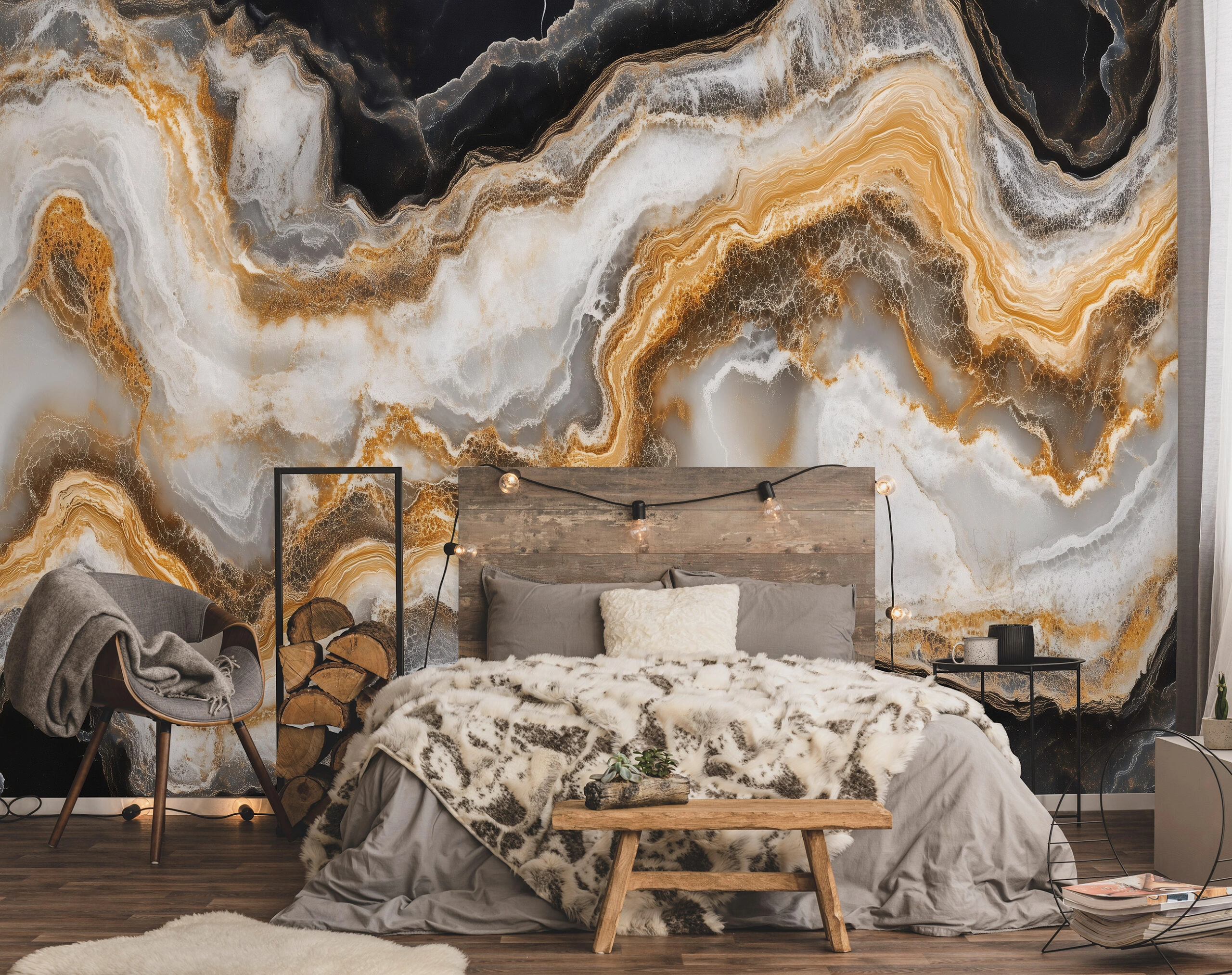 Fotótapéta loft stílusú márványkő mintás aranysárga, fehér, homokbarna és fekete színekkel 368x254 vlies
