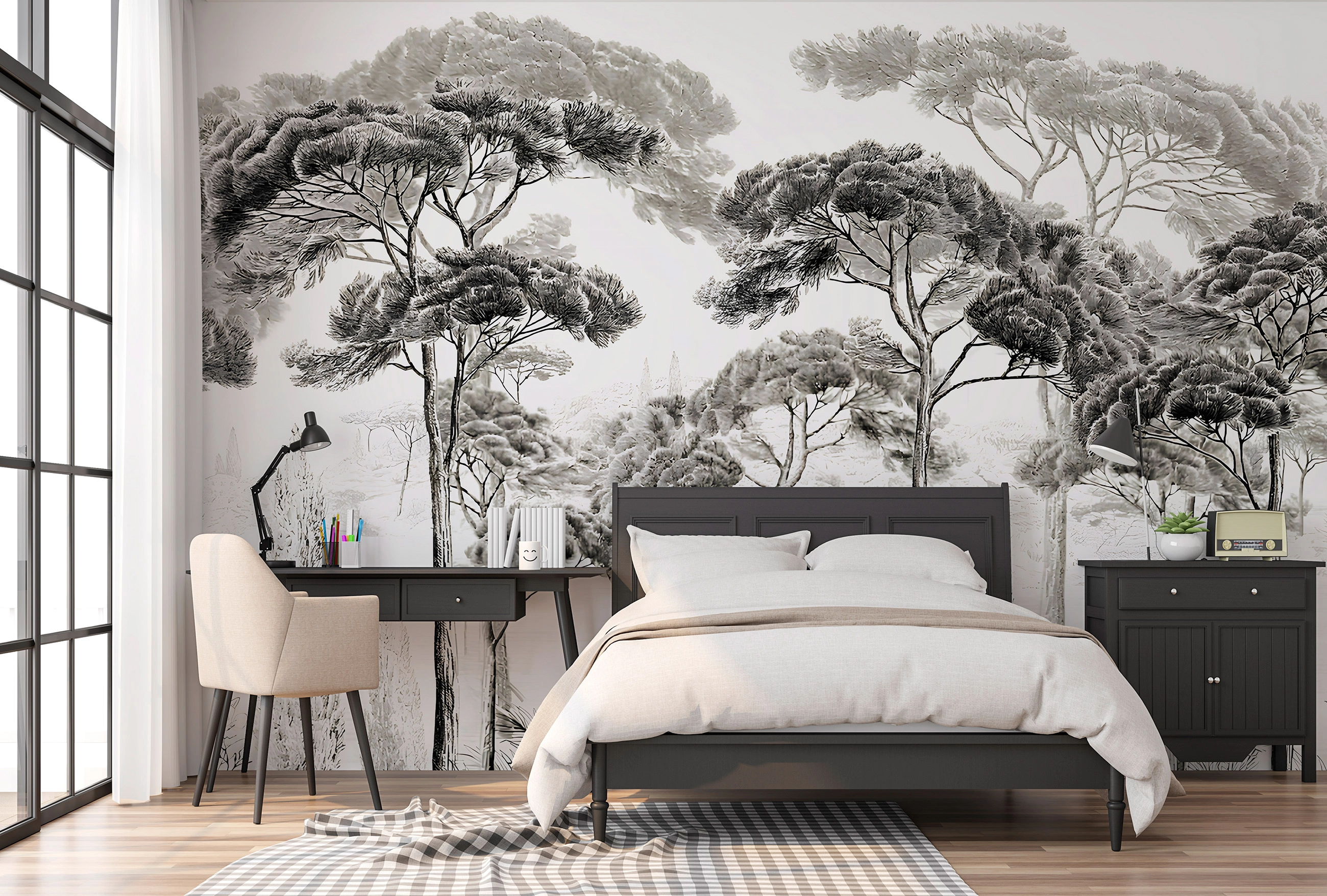 Fotótapéta magas ciprus fa tujákkal fekete fehér színben 368x254 vlies