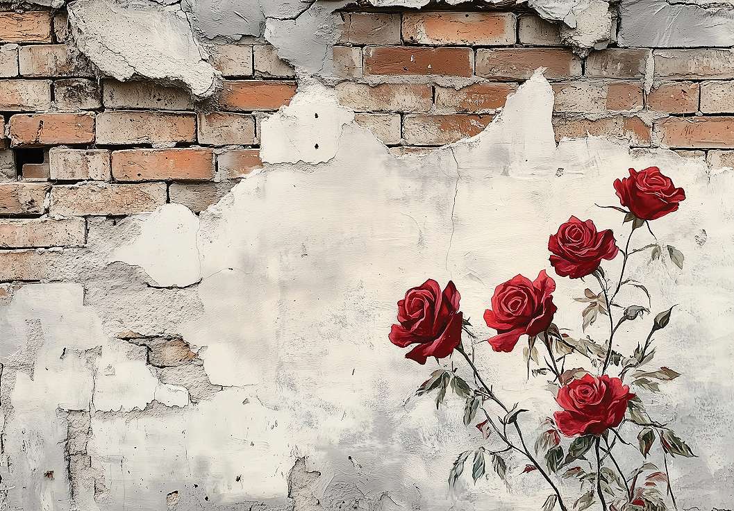 Fotótapéta málló vakolat alatt téglákkal és vörös rózsákkal. 368x254 vlies