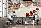 Fotótapéta málló vakolat alatt téglákkal és vörös rózsákkal. 368x254 vlies