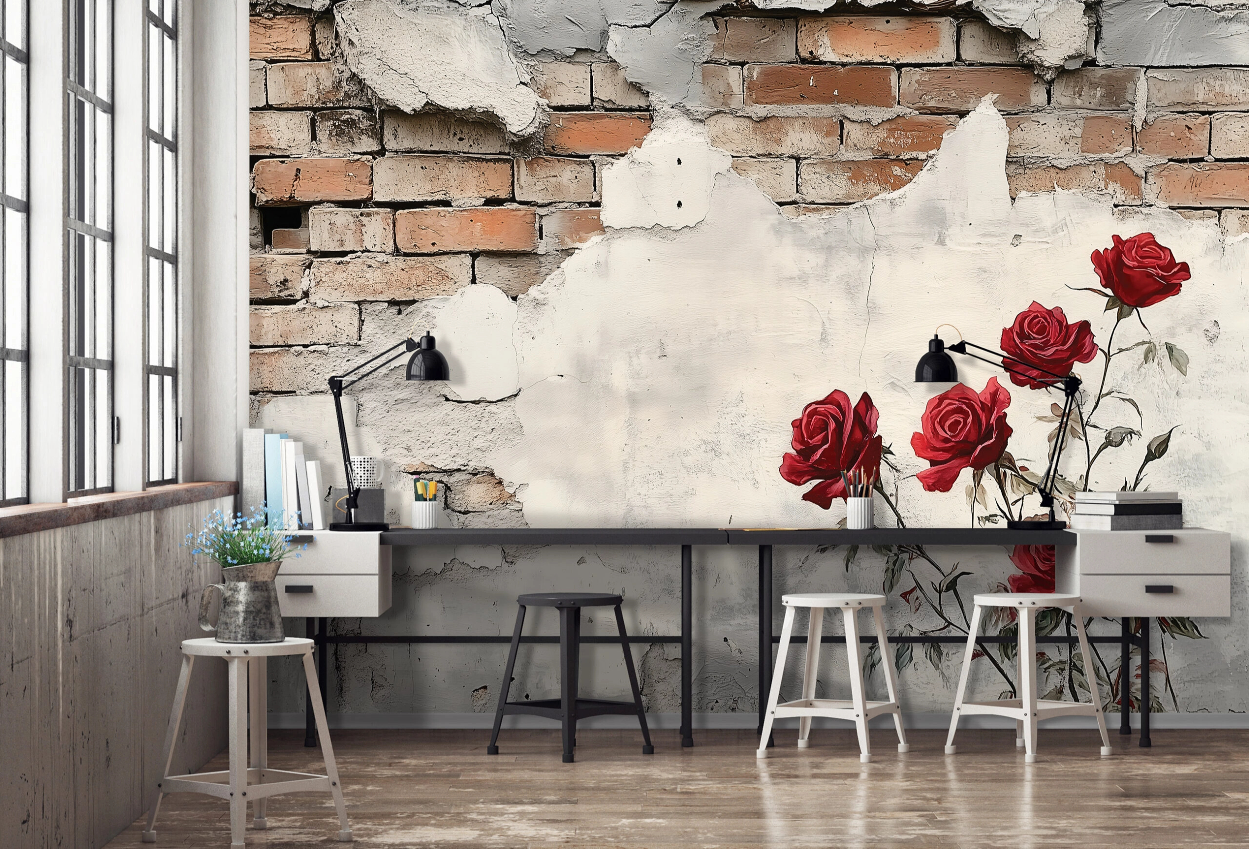 Fotótapéta málló vakolat alatt téglákkal és vörös rózsákkal. 368x254 vlies