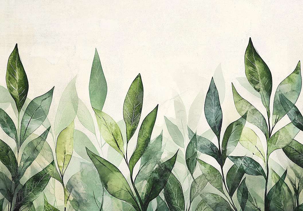 Fotótapéta nagy leveles cserje mintával élén zöld színekkel krém háttérrel 368x254 vlies