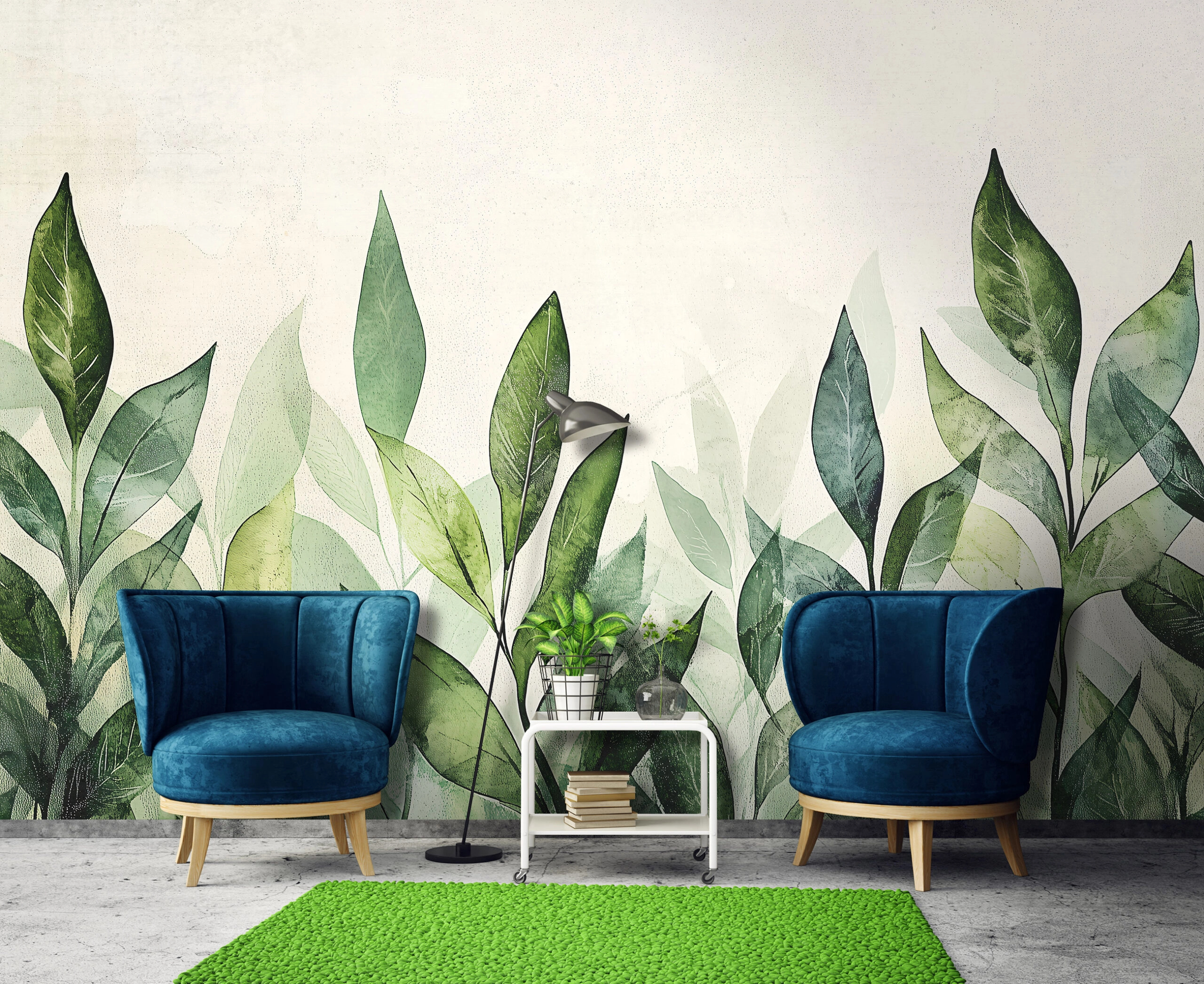 Fotótapéta nagy leveles cserje mintával élén zöld színekkel krém háttérrel 368x254 vlies