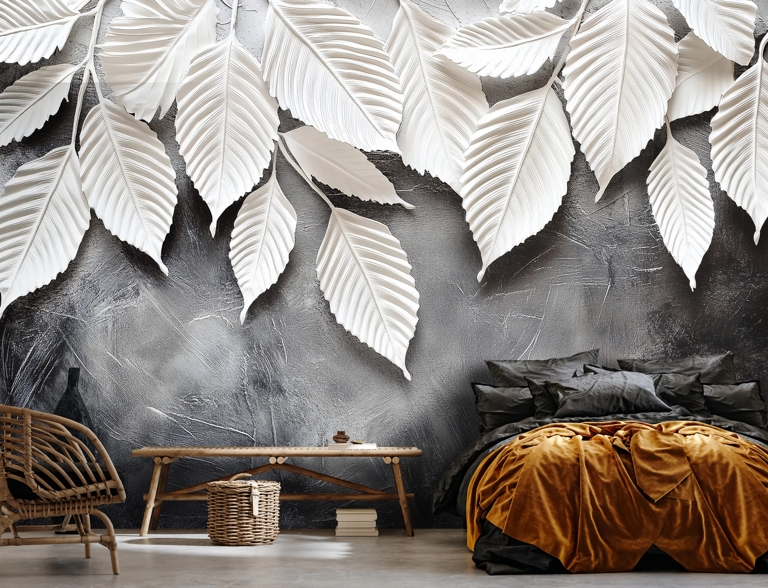 Fotótapéta nagyméretű levelek fentről lelógó mintával fekete-fehér színben 368x254 vlies