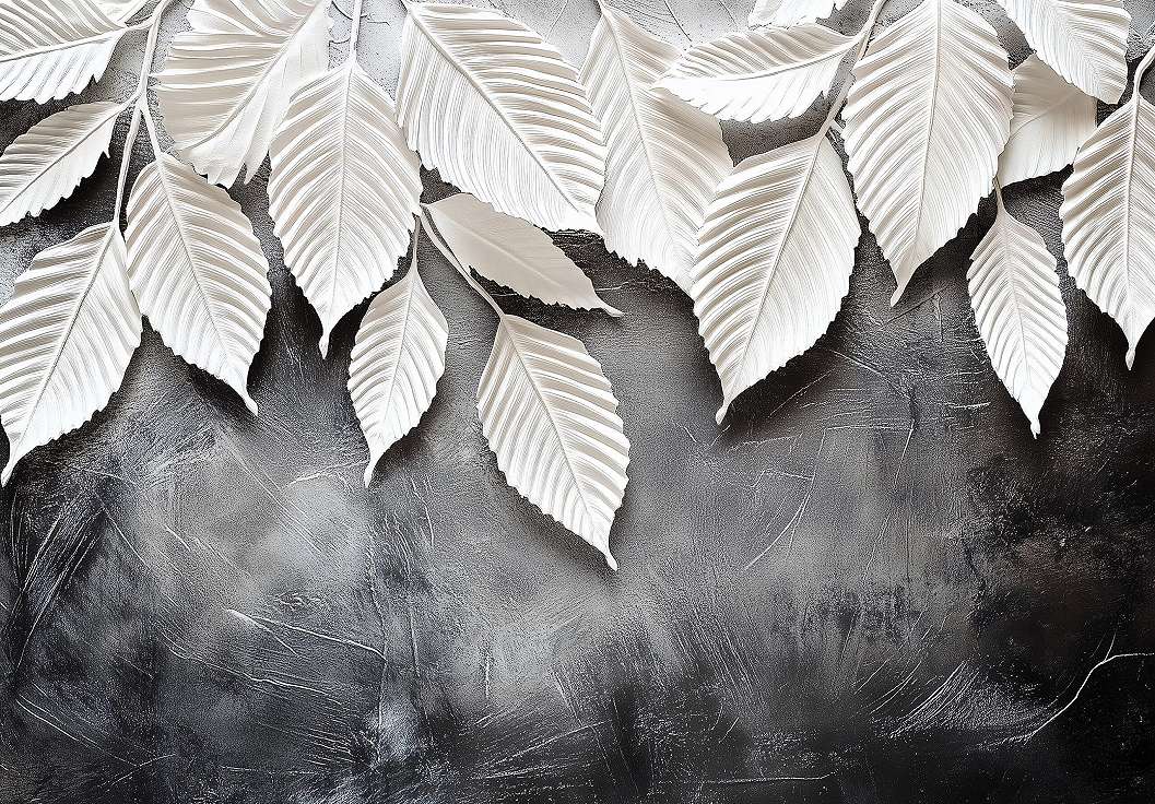 Fotótapéta nagyméretű levelek fentről lelógó mintával fekete-fehér színben 368x254 vlies