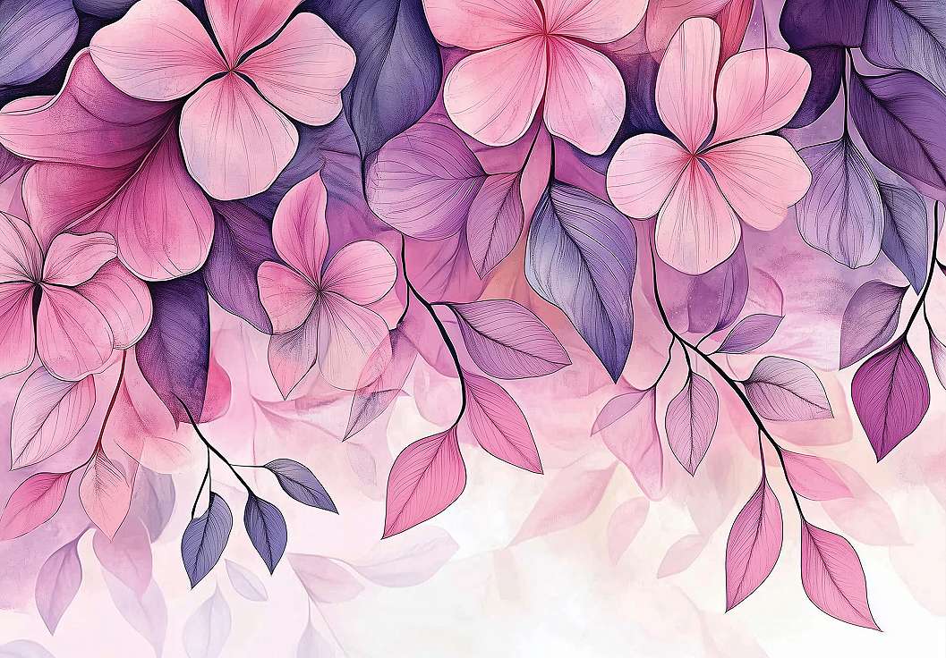 Fotótapéta nagyméretű virágok fentről lelógó mintával rózsaszín és lila színekben 368x254 vlies
