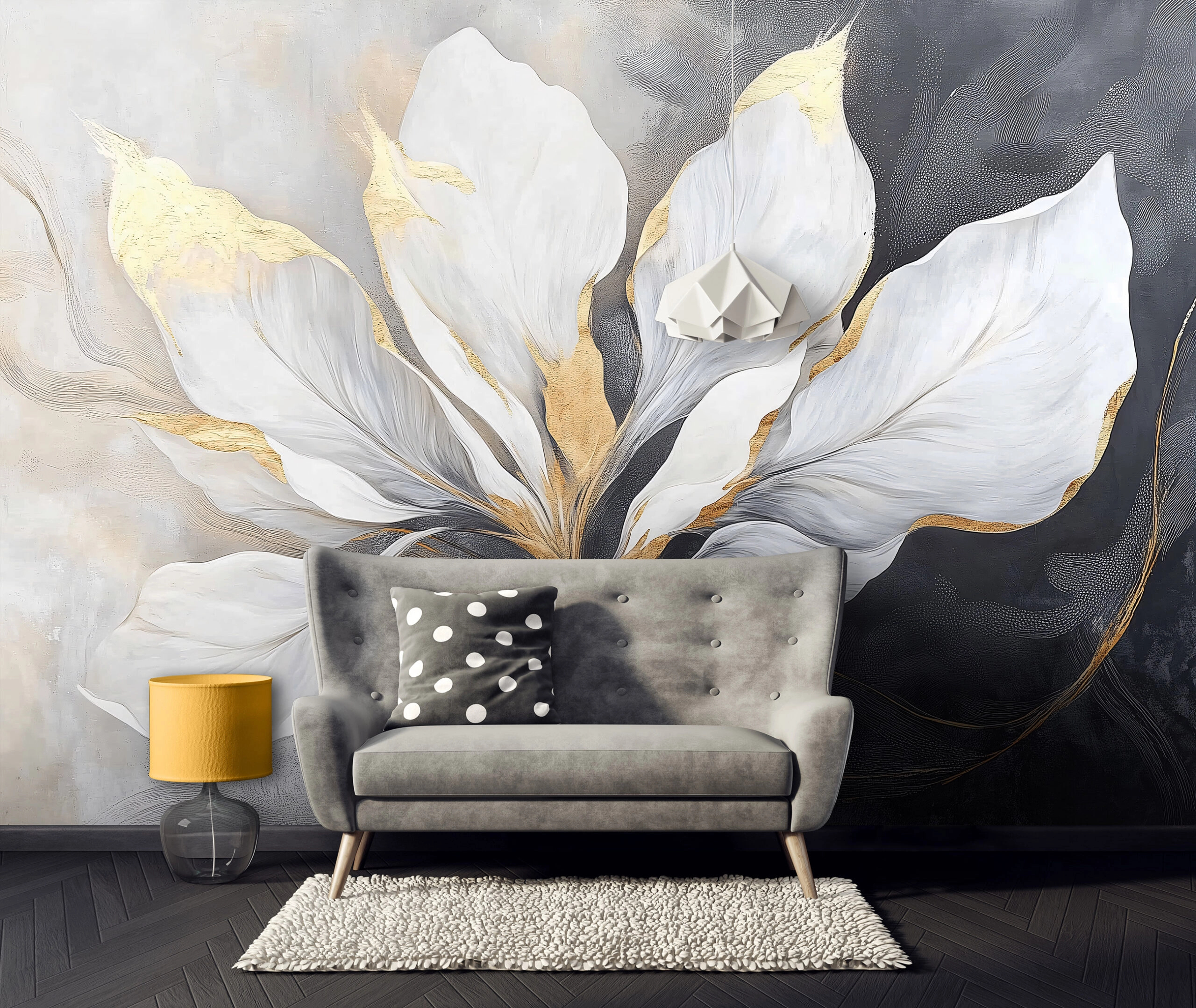 Fotótapéta nagyméretű virágszirmok mintával arany színnel 368x254 vlies